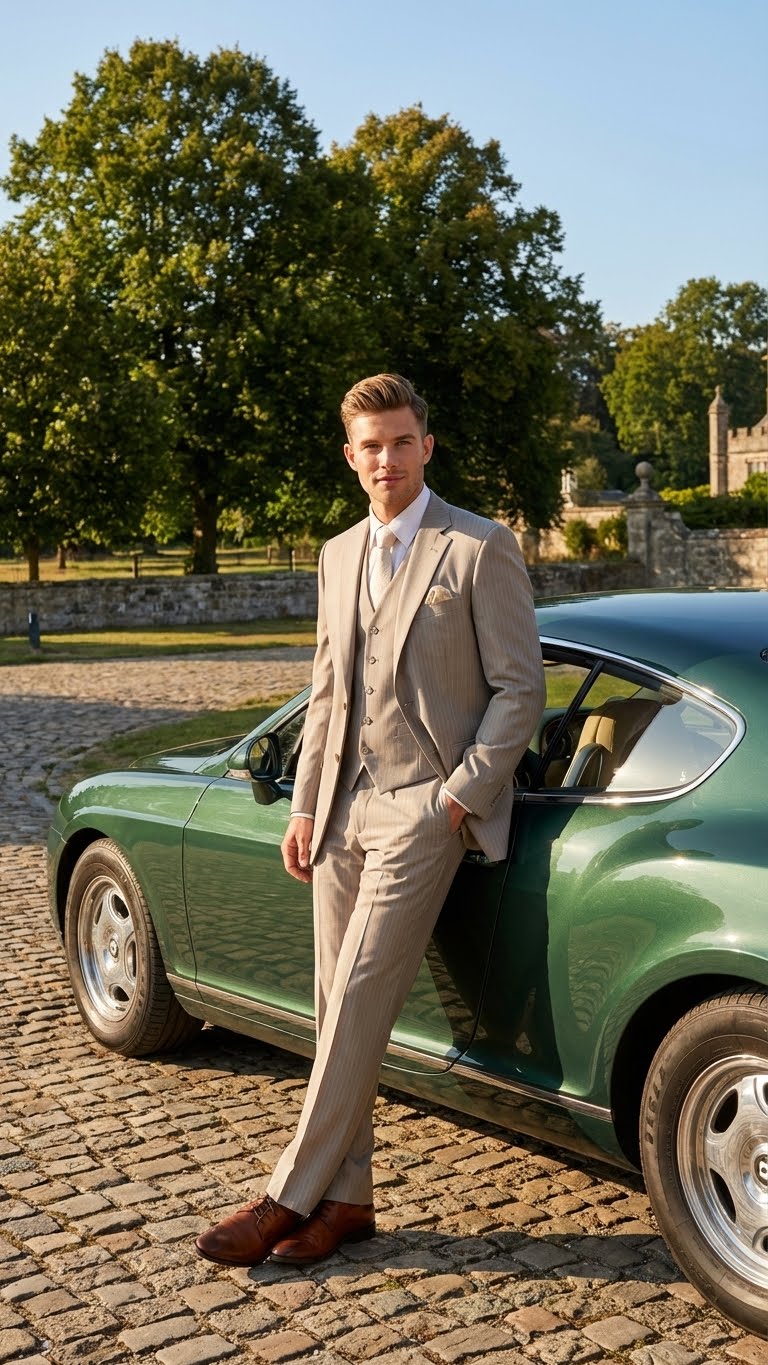 Men’s Light Tan Pinstripe 3 Piece Suit with Jacket, Vest, and Pants | Shadow Stripe Tone Tone Pleated Pants Classic