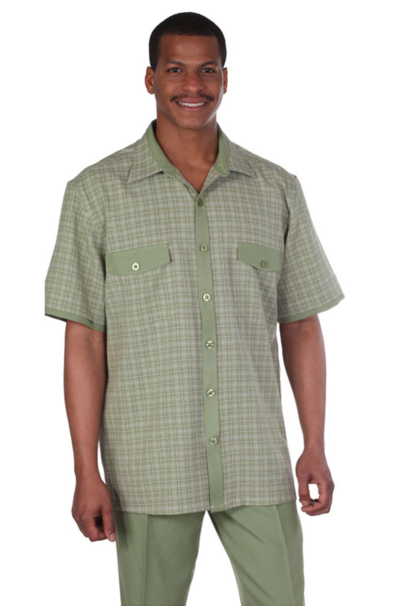 Mens Short Sleeve Mini Plaid Walking Suit in Olive