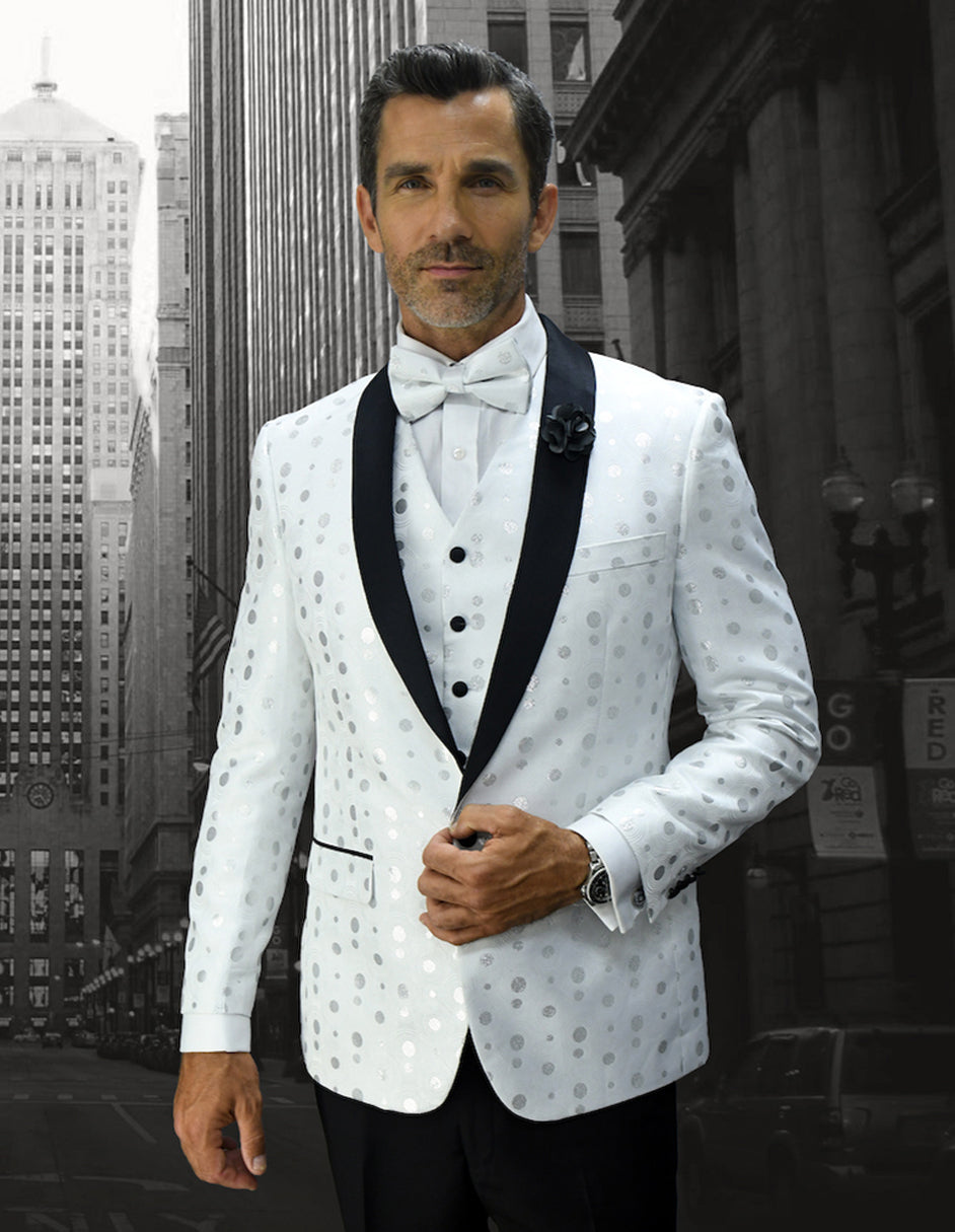 White Polka Dot Vested Tuxedo for Men