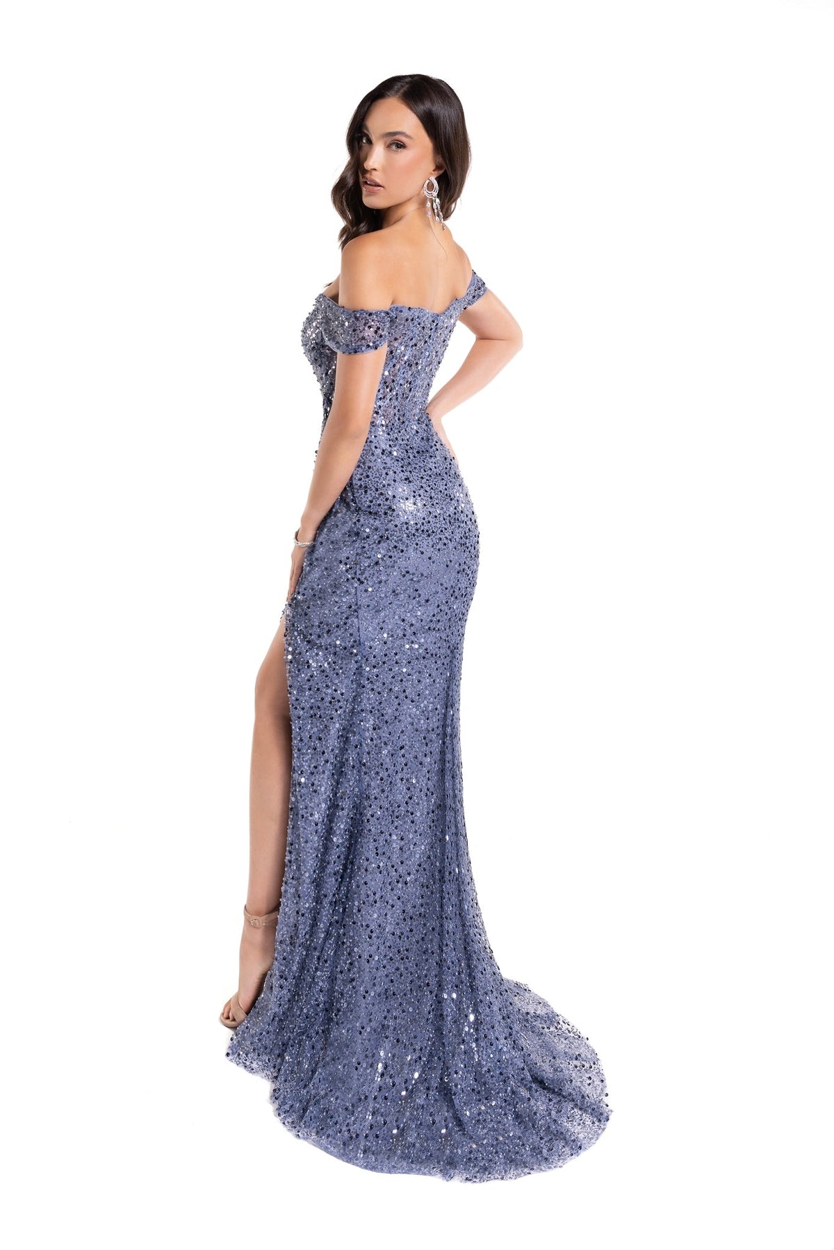 Abby Paris 90177 Beaded Off Shoulder Corset Slit Gown