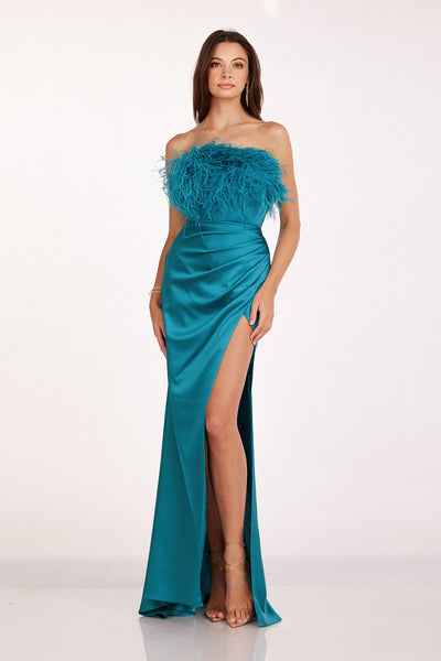 Abby Paris 90200 Feather Strapless Satin Evening Gown