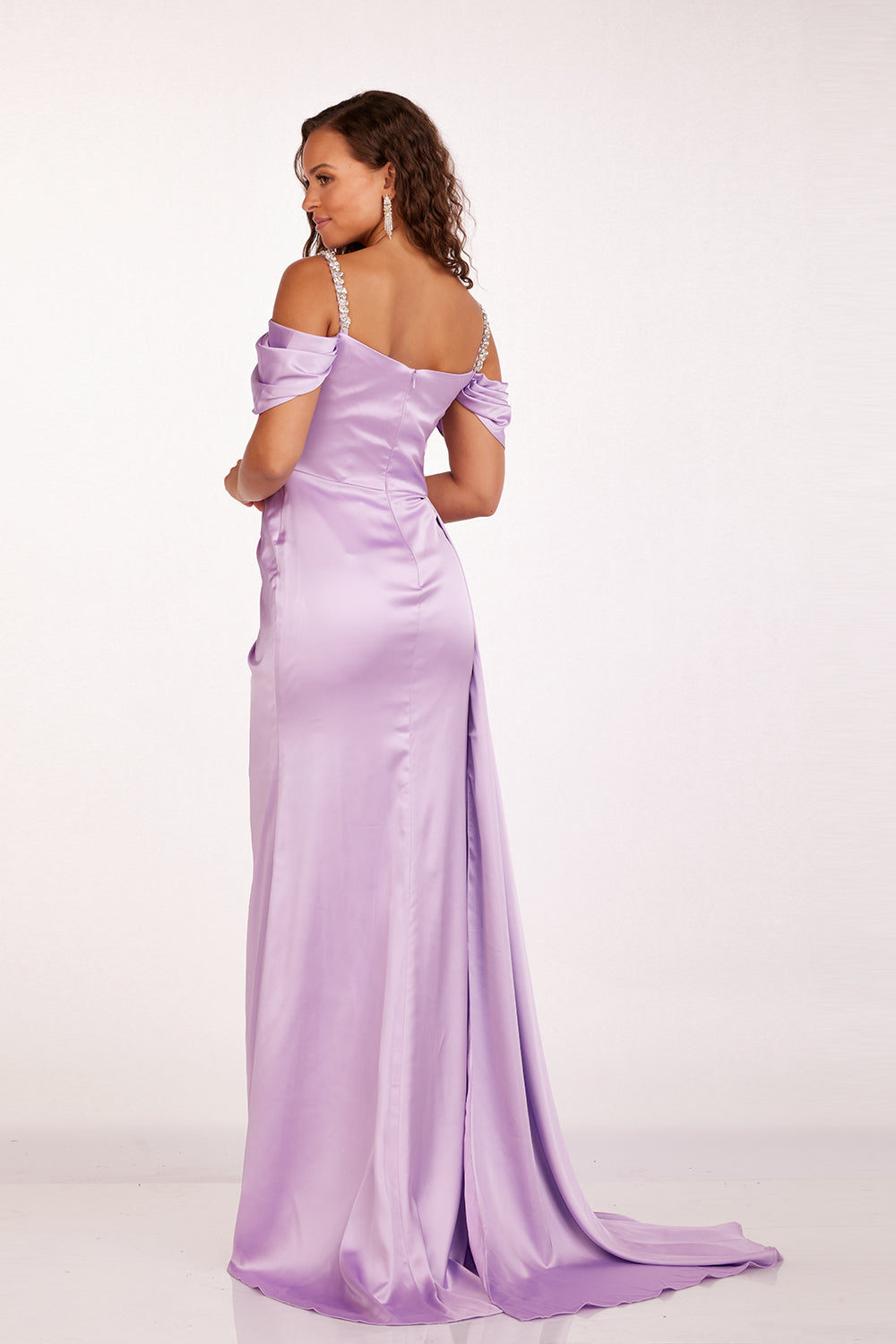 Abby Paris 90210 Satin Cold Shoulder Beaded Slit Gown