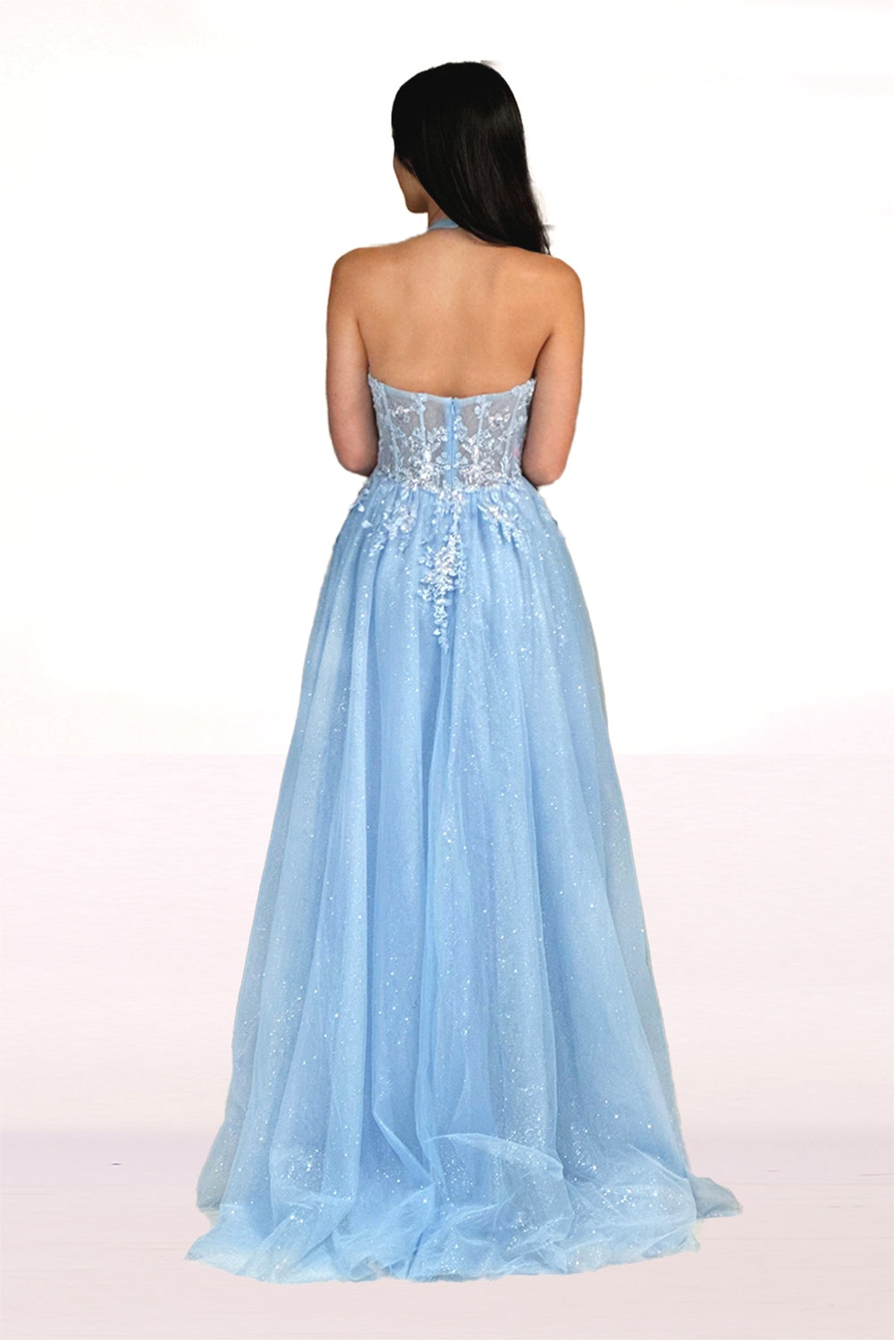Abby Paris 90265 Applique Halter Glitter Tulle A-Line Gown