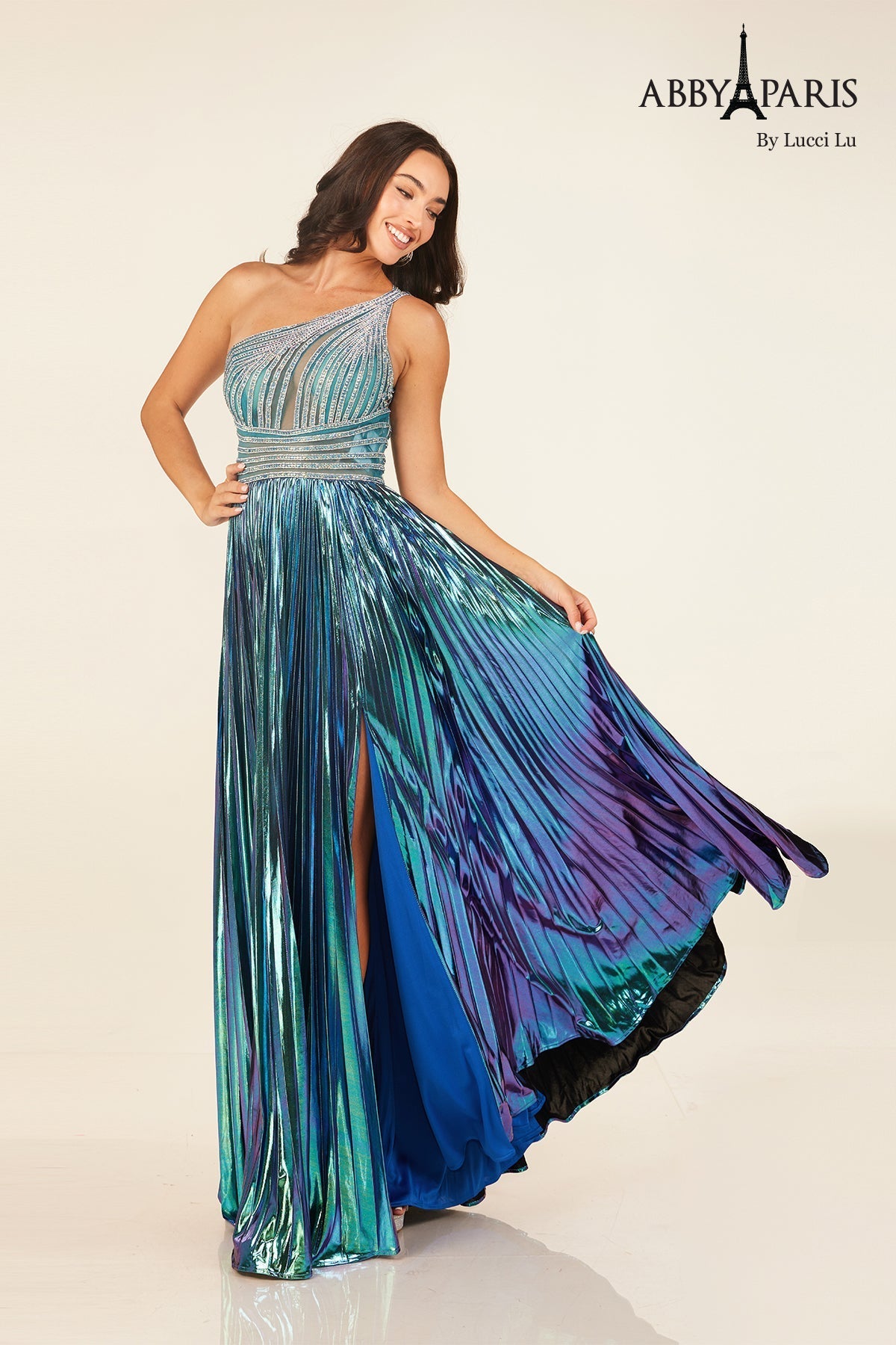 One Shoulder Metallic A-line Slit Gown by Abby Paris 90289