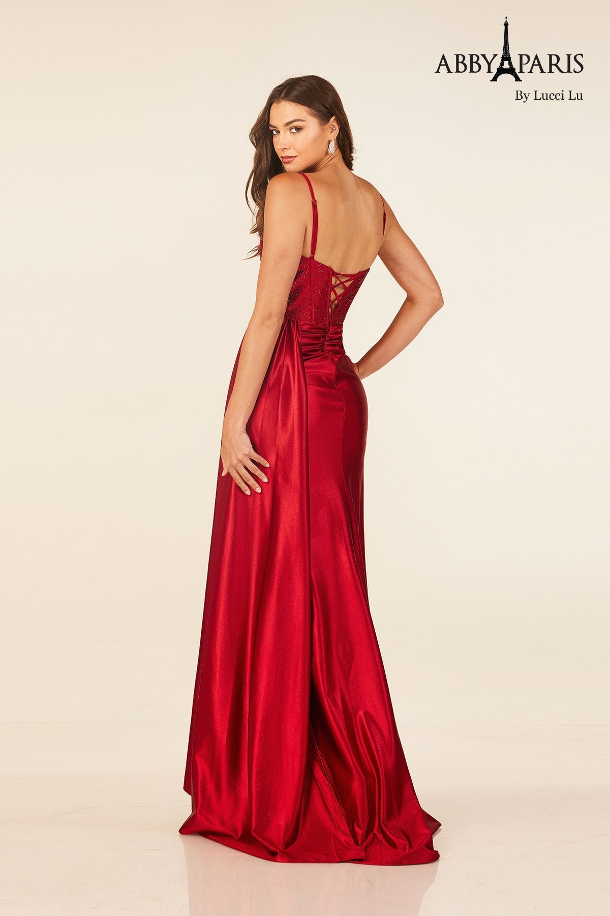 Abby Paris 90302 Heat Stone Corset Slit Evening Gown