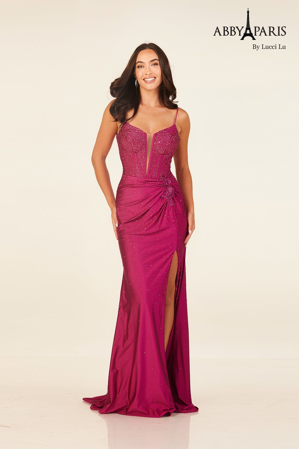 Abby Paris 90313 Beaded Jersey Corset Slit Evening Gown