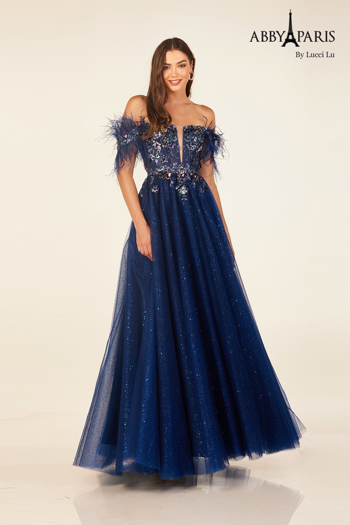Abby Paris 90318 Feather Off Shoulder A-line Evening Gown