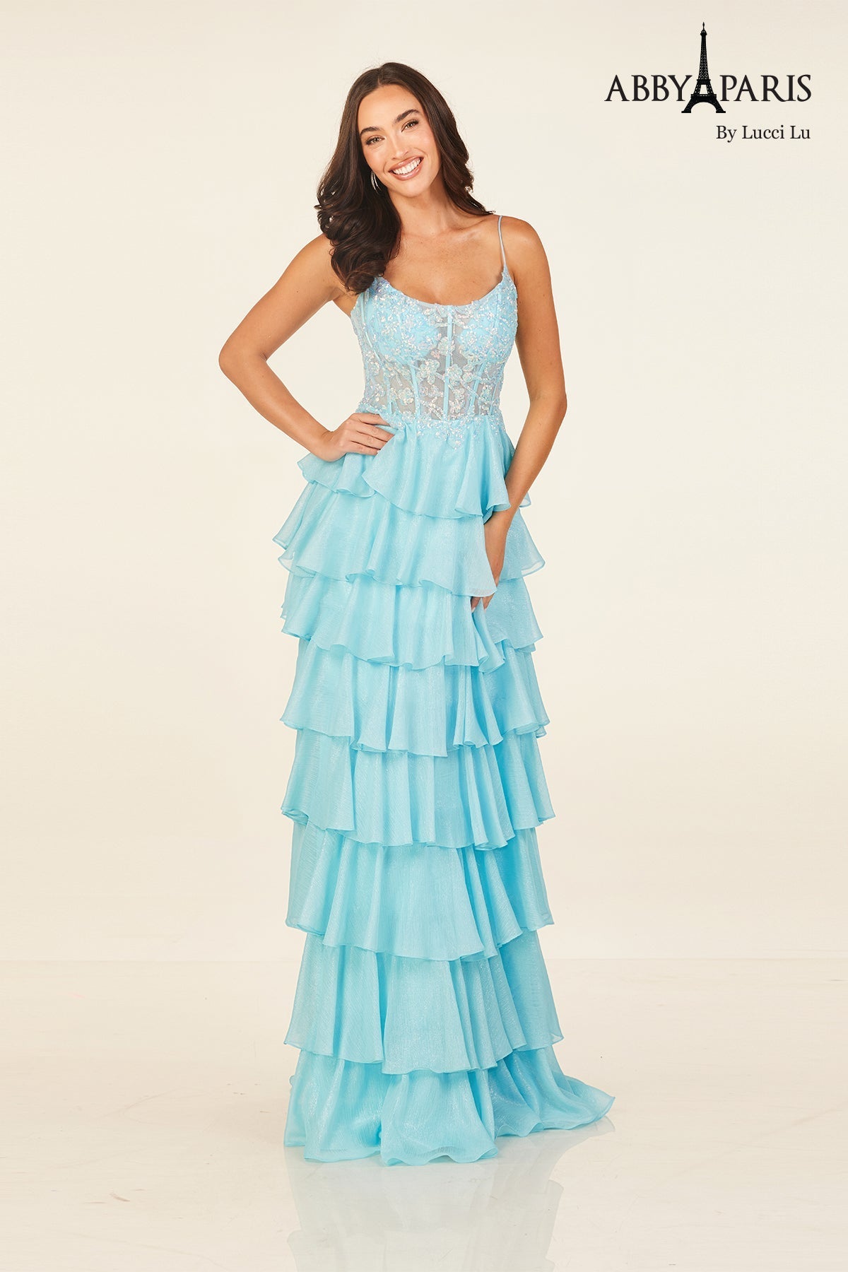 Abby Paris 90326 Applique Corset Tiered Evening Gown by Lucci Lu