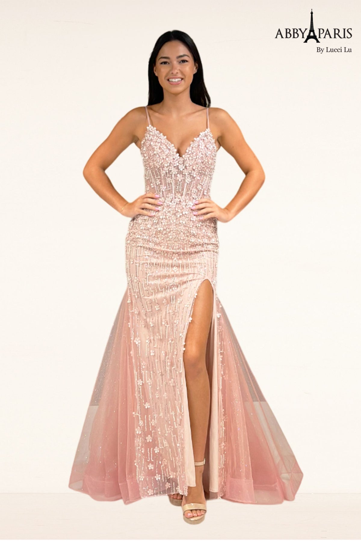 Abby Paris 90334 Beaded Fitted V-Neck Slit Evening Gown