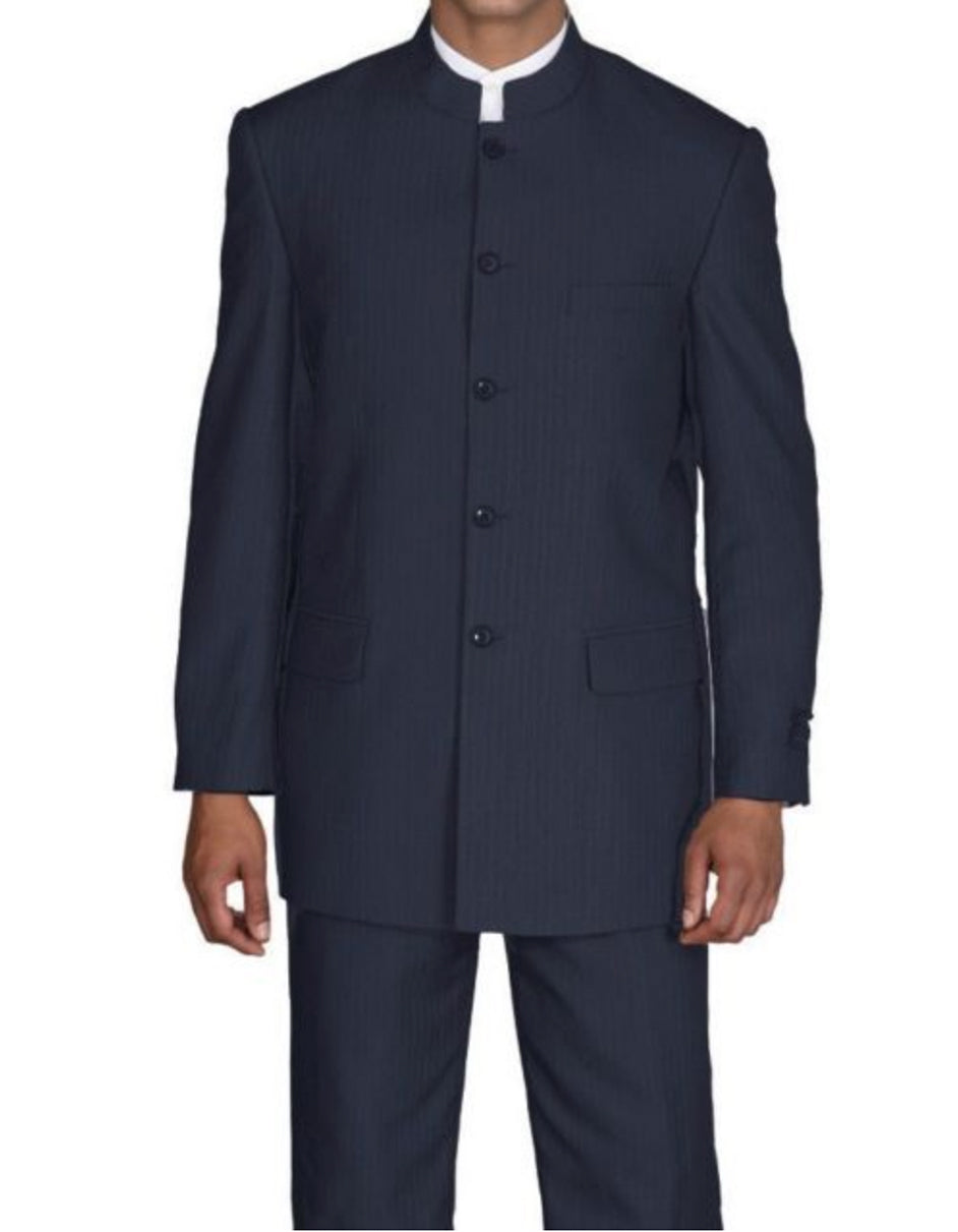5 Button Mandarin Collar Navy Pinstripe Suit