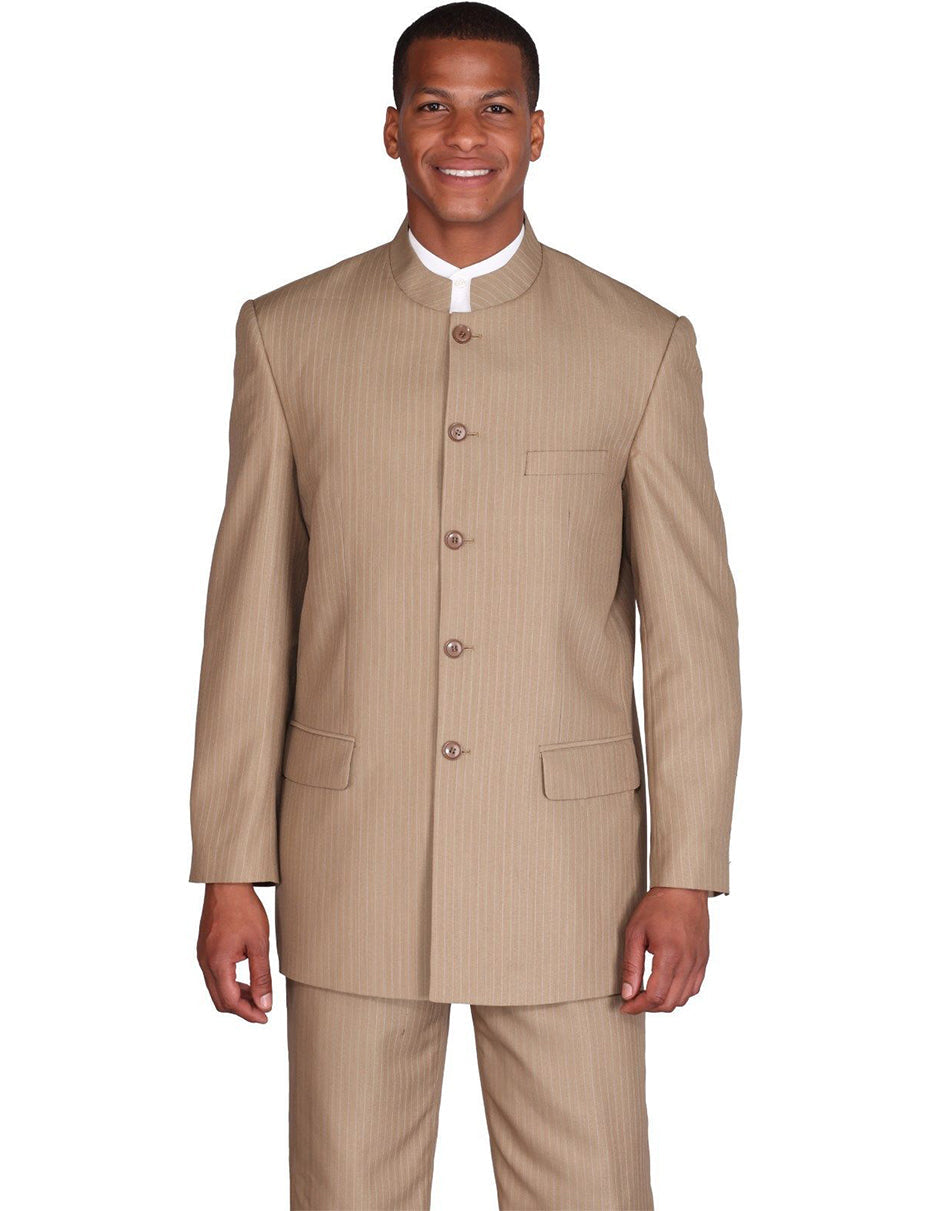 5 Button Mandarin Collar Tan Pinstripe Suit