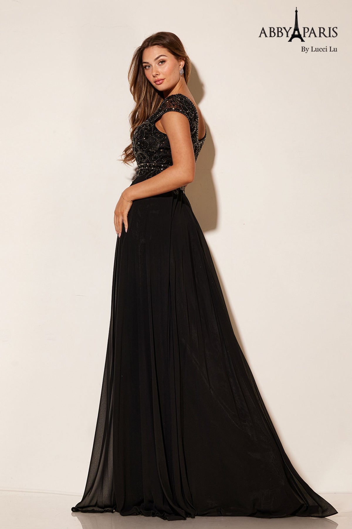 Abby Paris 95091 Beaded Illusion Sleeve Chiffon Gown