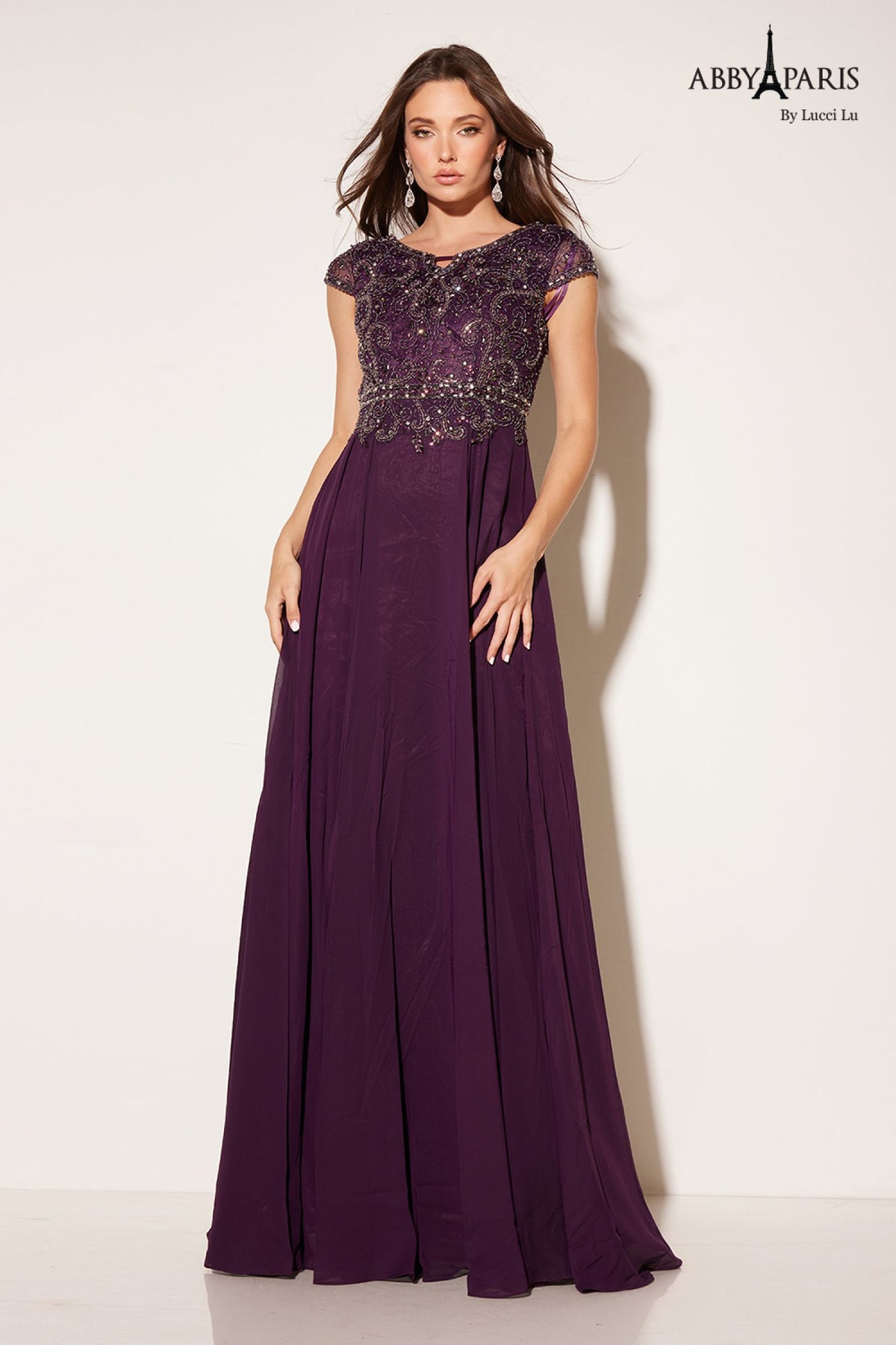 Abby Paris 95091 Beaded Illusion Sleeve Chiffon Gown