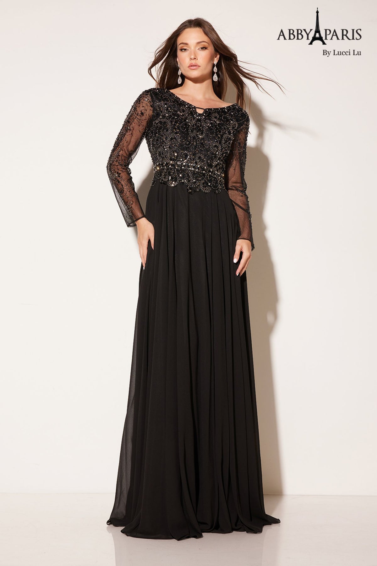 Abby Paris 96040W Beaded Illusion Sleeve Chiffon Gown