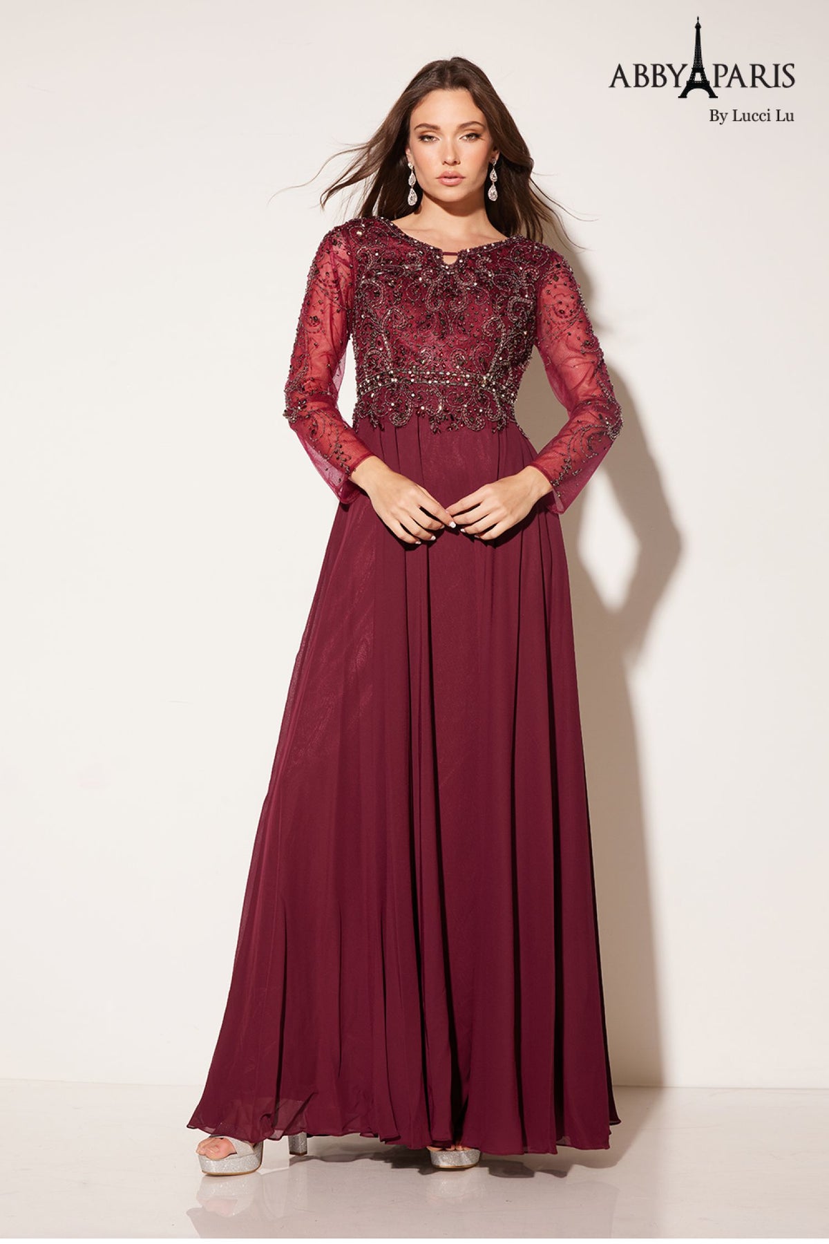 Abby Paris 96040W Beaded Illusion Sleeve Chiffon Gown