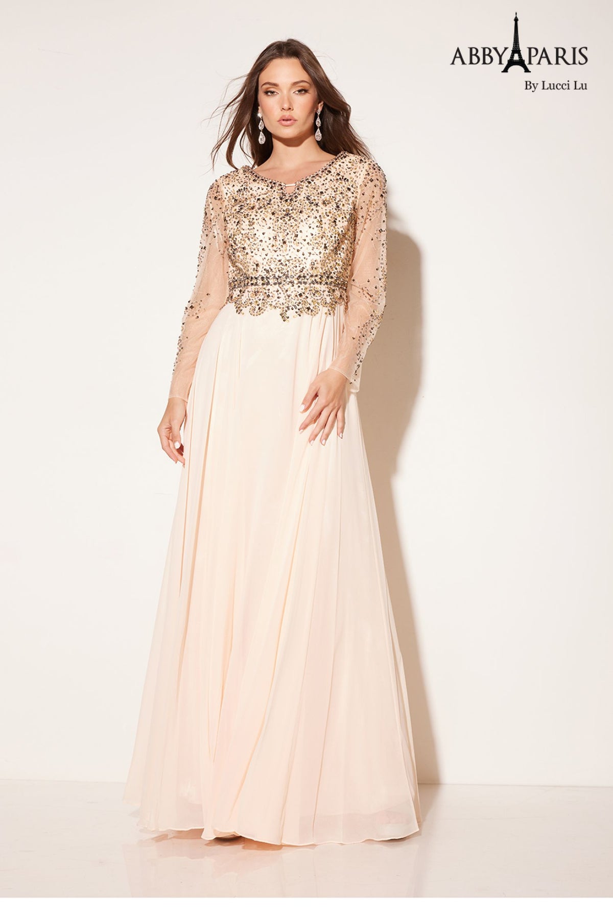 Abby Paris 96040W Beaded Illusion Sleeve Chiffon Gown