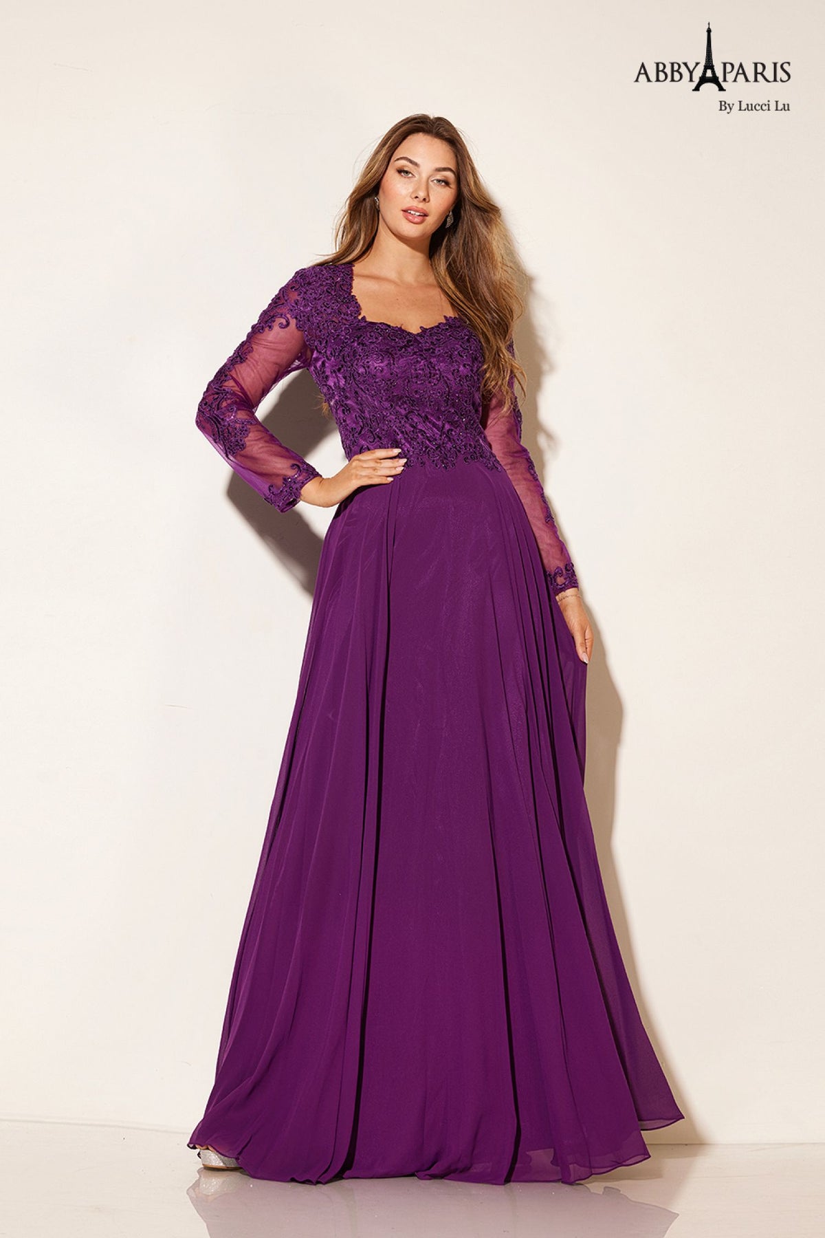 Abby Paris 96044W Embroidered Illusion Sleeve Chiffon Gown