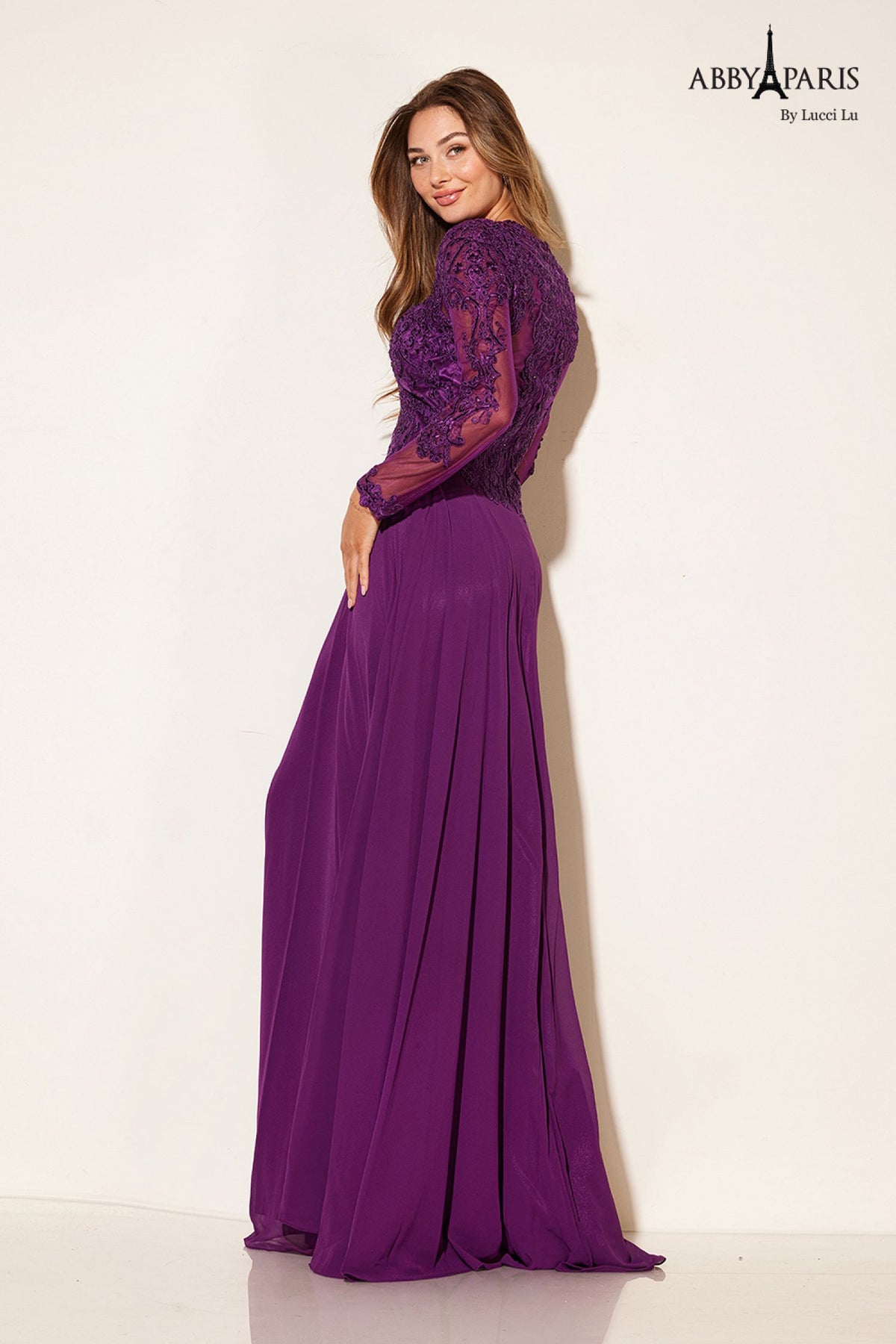 Abby Paris 96044W Embroidered Illusion Sleeve Chiffon Gown