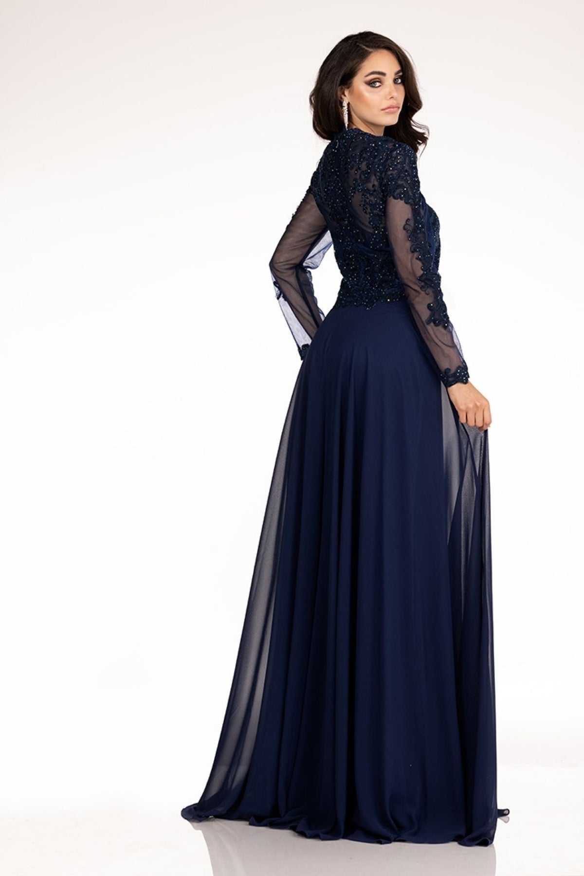 Abby Paris 96044W Embroidered Illusion Sleeve Chiffon Gown