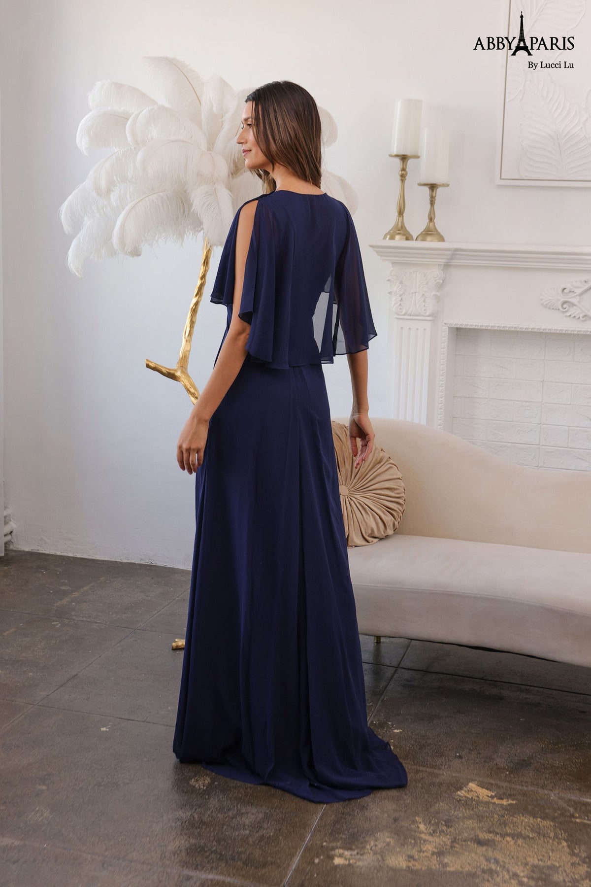 Abby Paris 96054W Beaded V-neck Chiffon Capelet Gown
