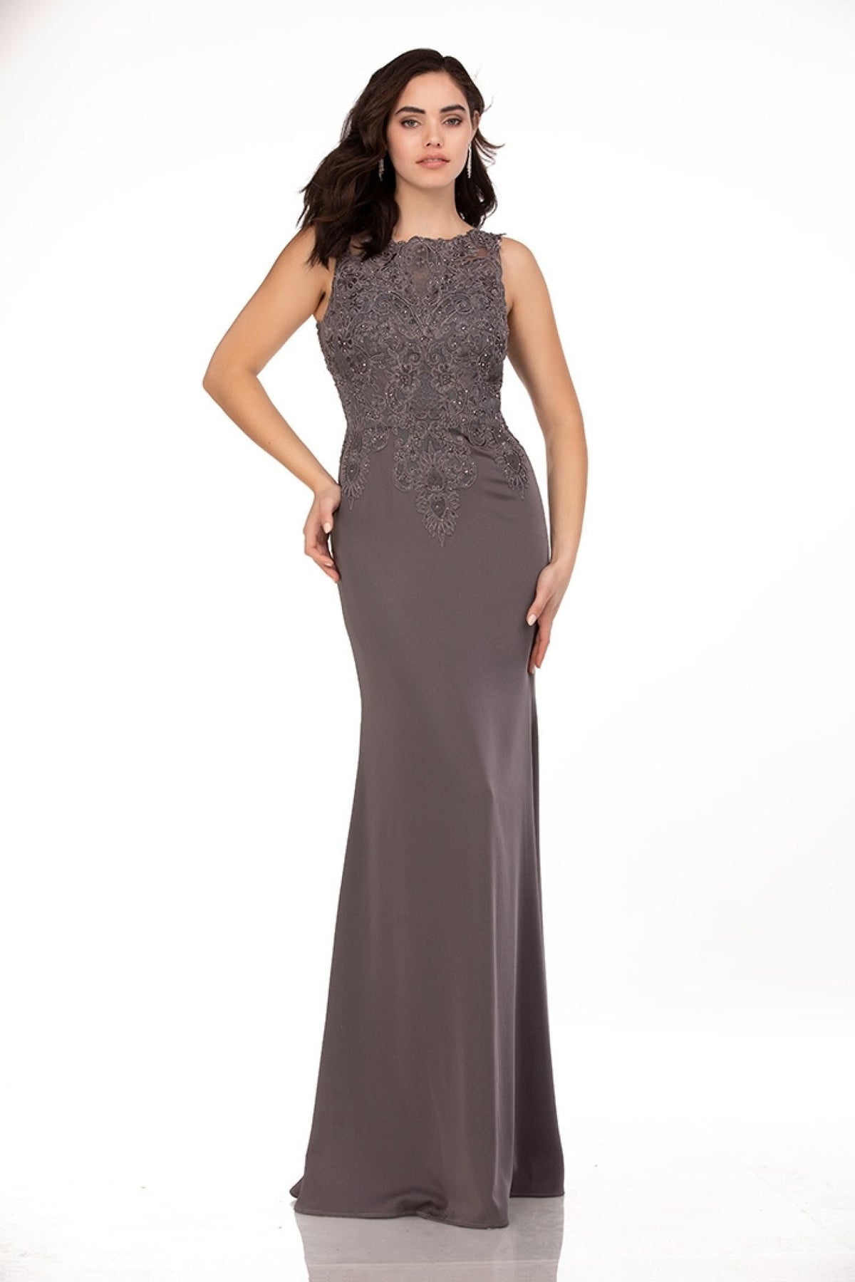 Abby Paris 96061W Embroidered High-Neck Chiffon Gown
