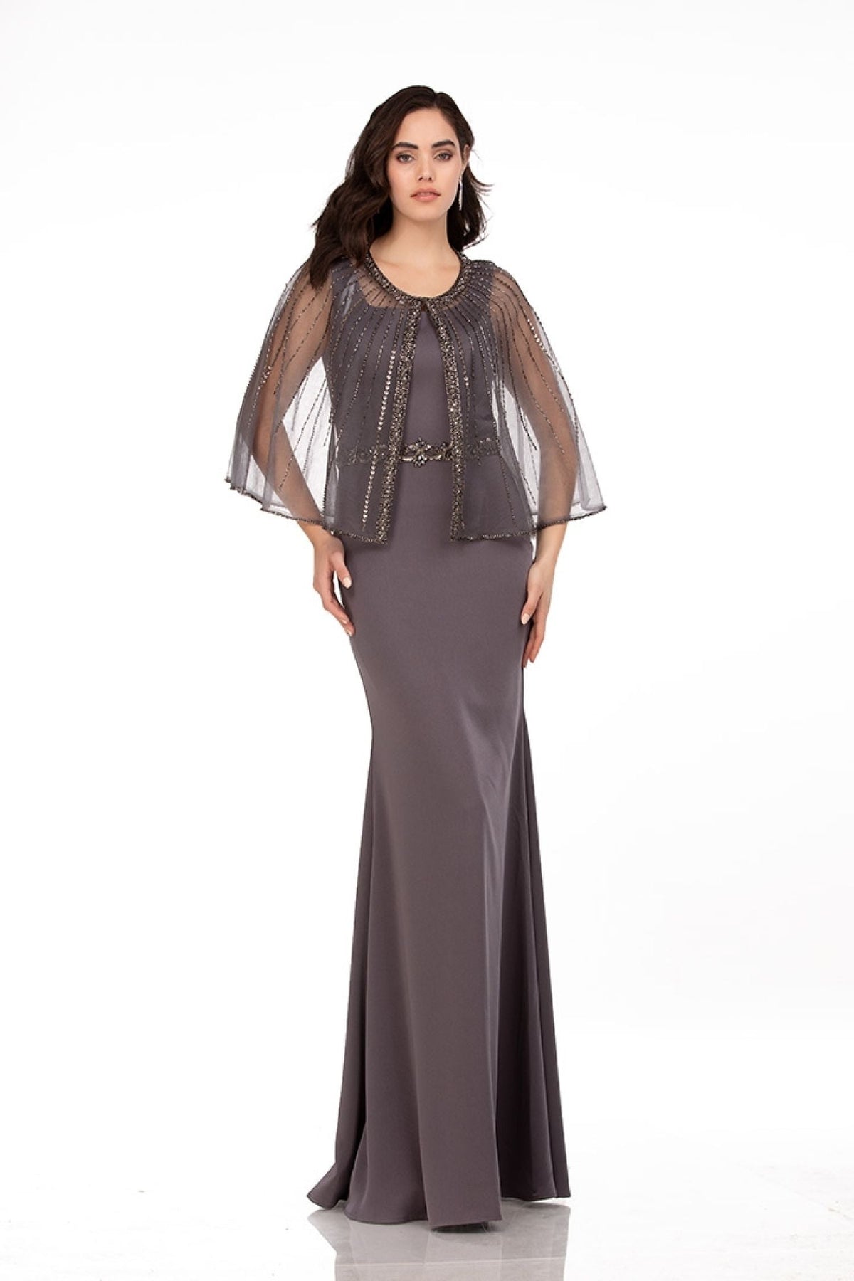 Abby Paris 96062W Detachable Tulle Capelet Crepe Gown