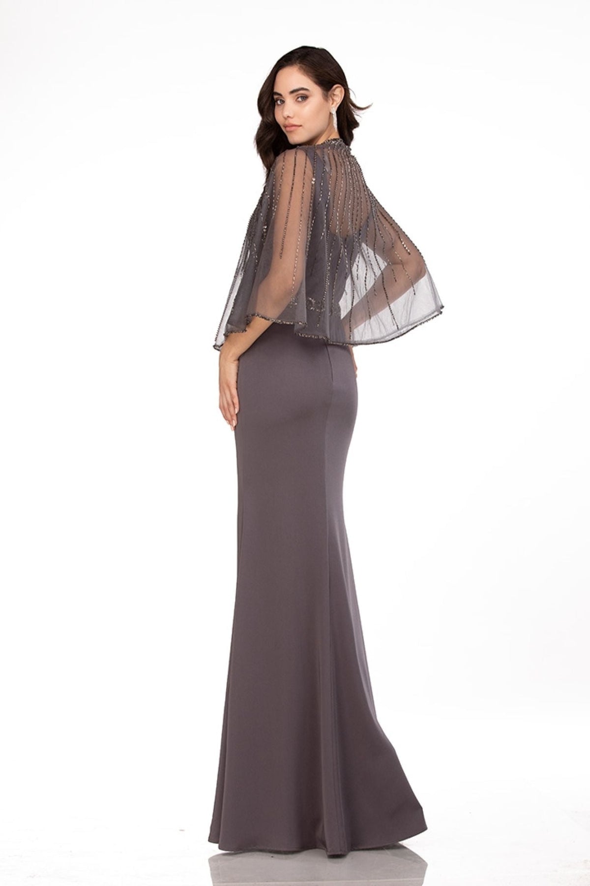 Abby Paris 96062W Detachable Tulle Capelet Crepe Gown