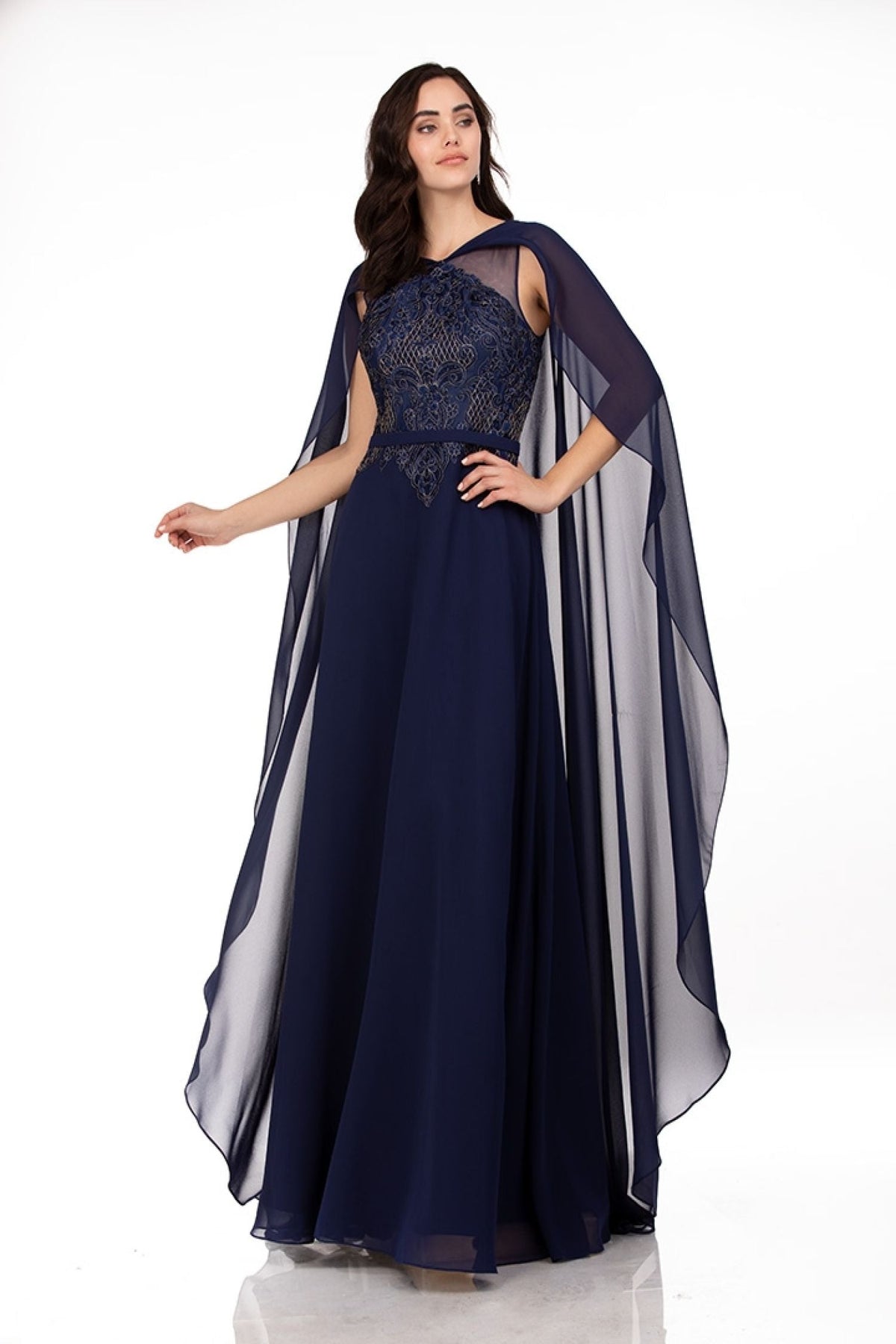 Abby Paris 96067 Lace Cape Gown with Flowing A-line Skirt