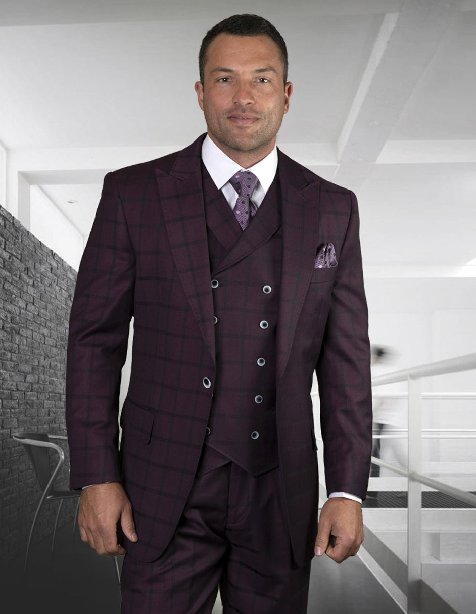 Classic Fit Burgundy Plaid Suit with Vest