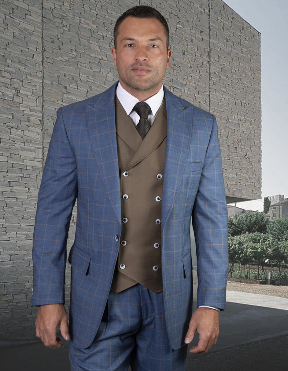 French Blue Pleated Pant Peak Lapel Suit