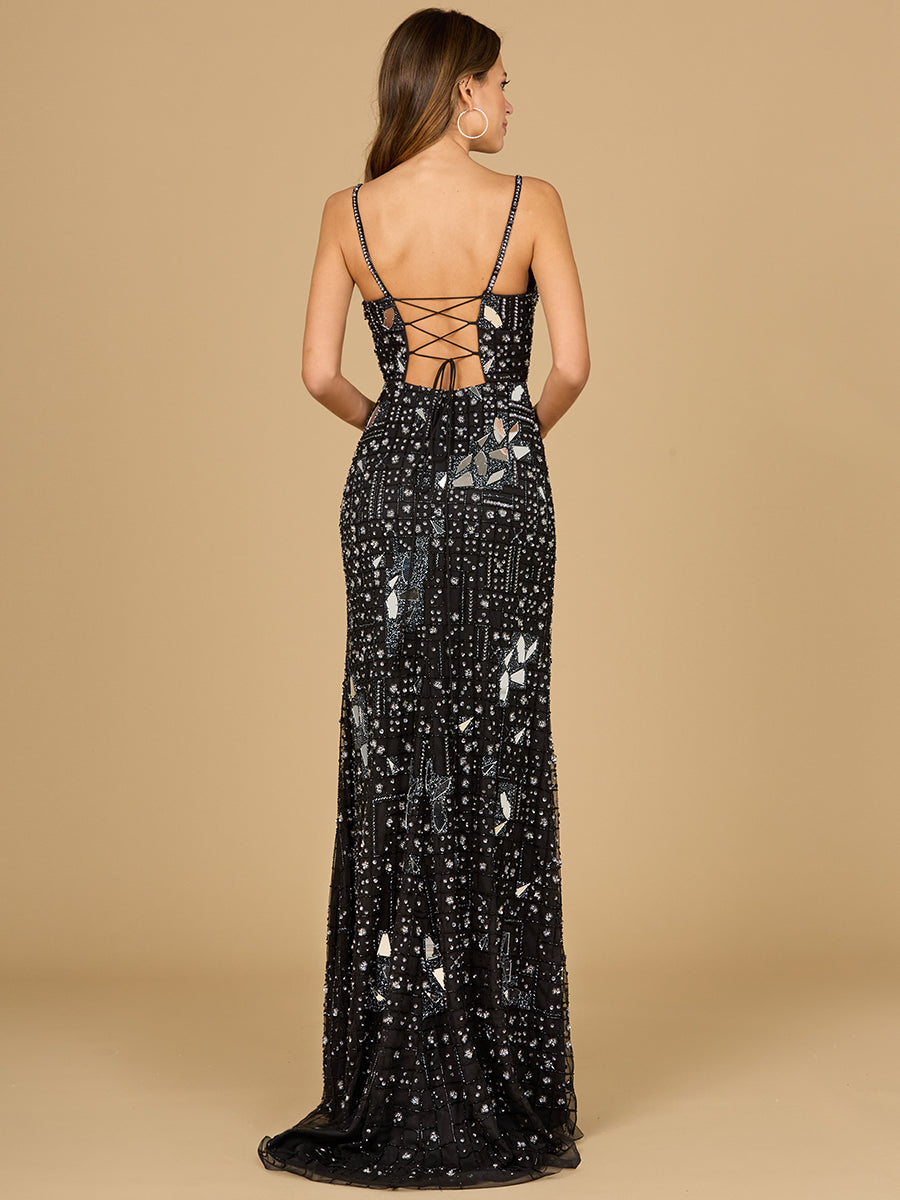 Mirror Beaded Gown With High Slit