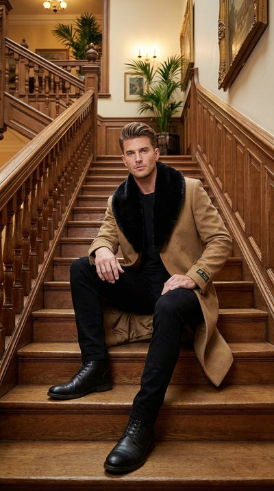 Men’s Camel Tan Long Overcoat with Black Faux Fur Collar - Wool Topcoat Three if not Full length