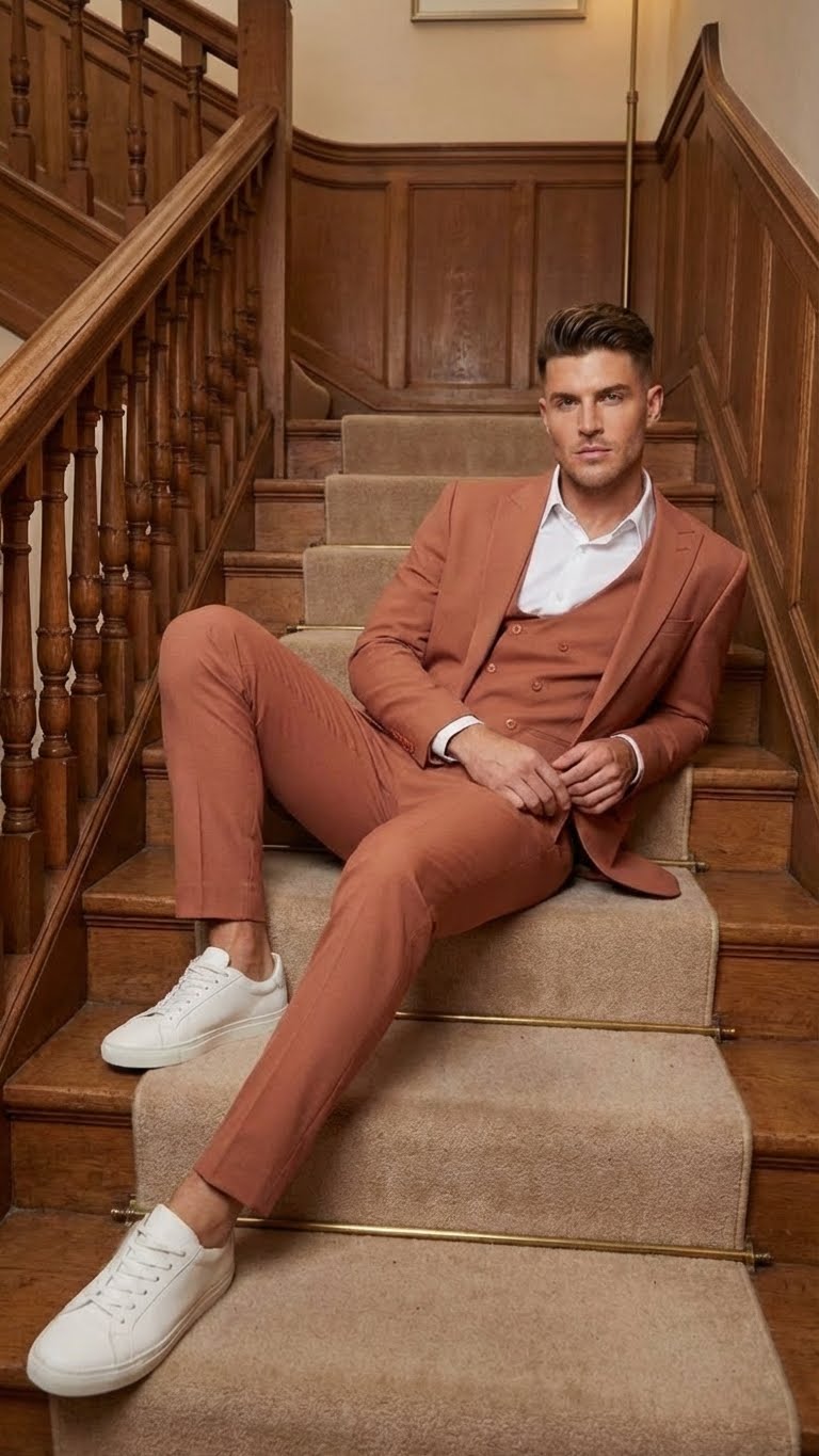 Men’s Light Rust - Peach Color - Salmon Color 3 Piece Suit Set with Vest, Classic Formal Wedding Prom Business Dress Suit