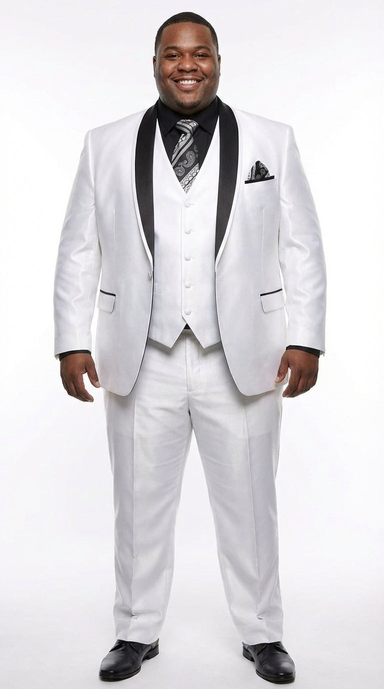 Men’s White Shiny Flashy Fabric Tuxedo Suit with Black Shawl Lapel | Luxury Formal Wedding and Evening Suit Sharkskin Metallic Fabric