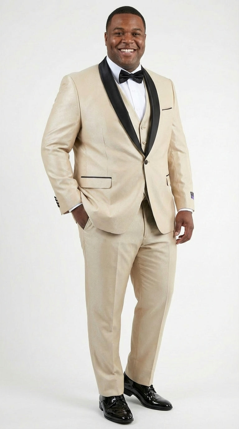 Men’s Champagne Beige Shiny Tuxedo 3 Piece Suit with Black Shawl Lapel | Formal Wedding Prom Suit Set in Sand Light Tan Color