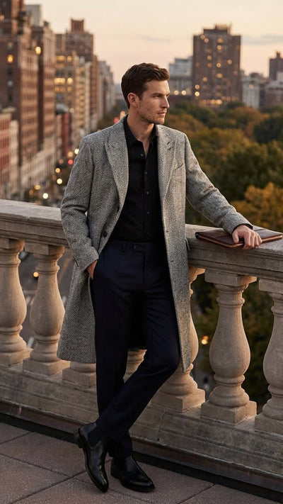 Men’s Grey Herringbone Long Overcoat – Tweed Black and White Pattern Wool Topcoat Three Qaurter