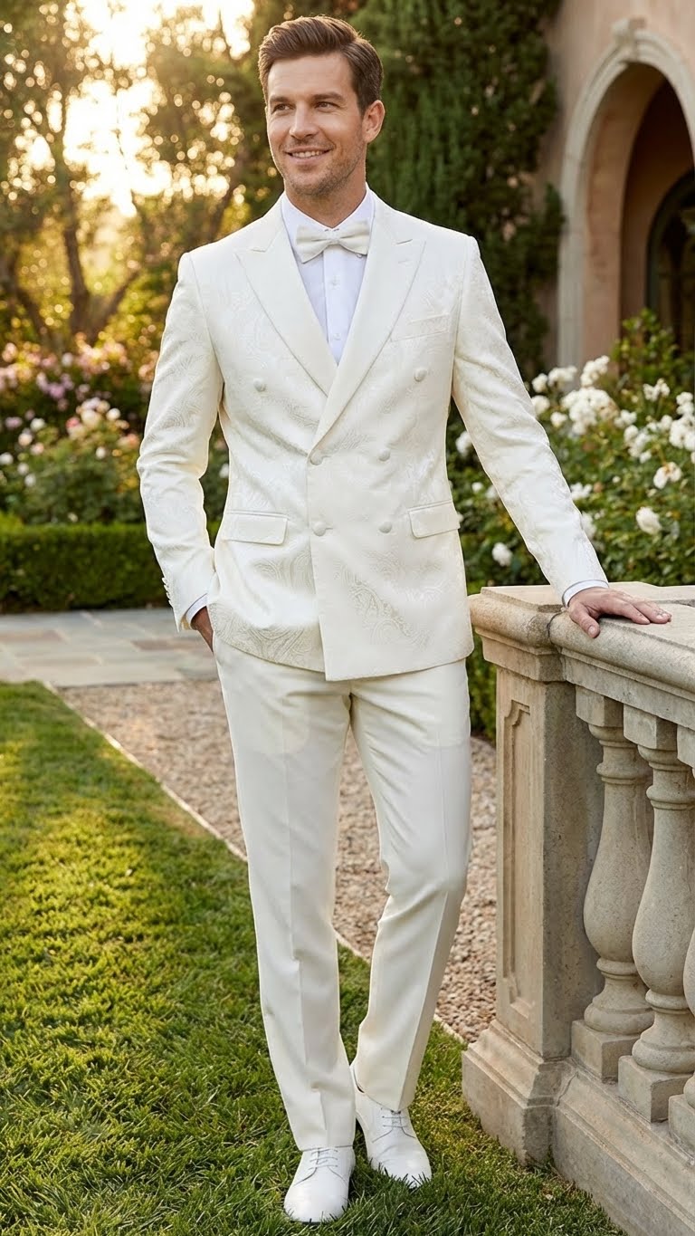 Men’s Ivory Double Breasted Tuxedo Dinner Jacket – Textured Blazer Paisley Texture Pattern in Off White Cream Color + Bowtie