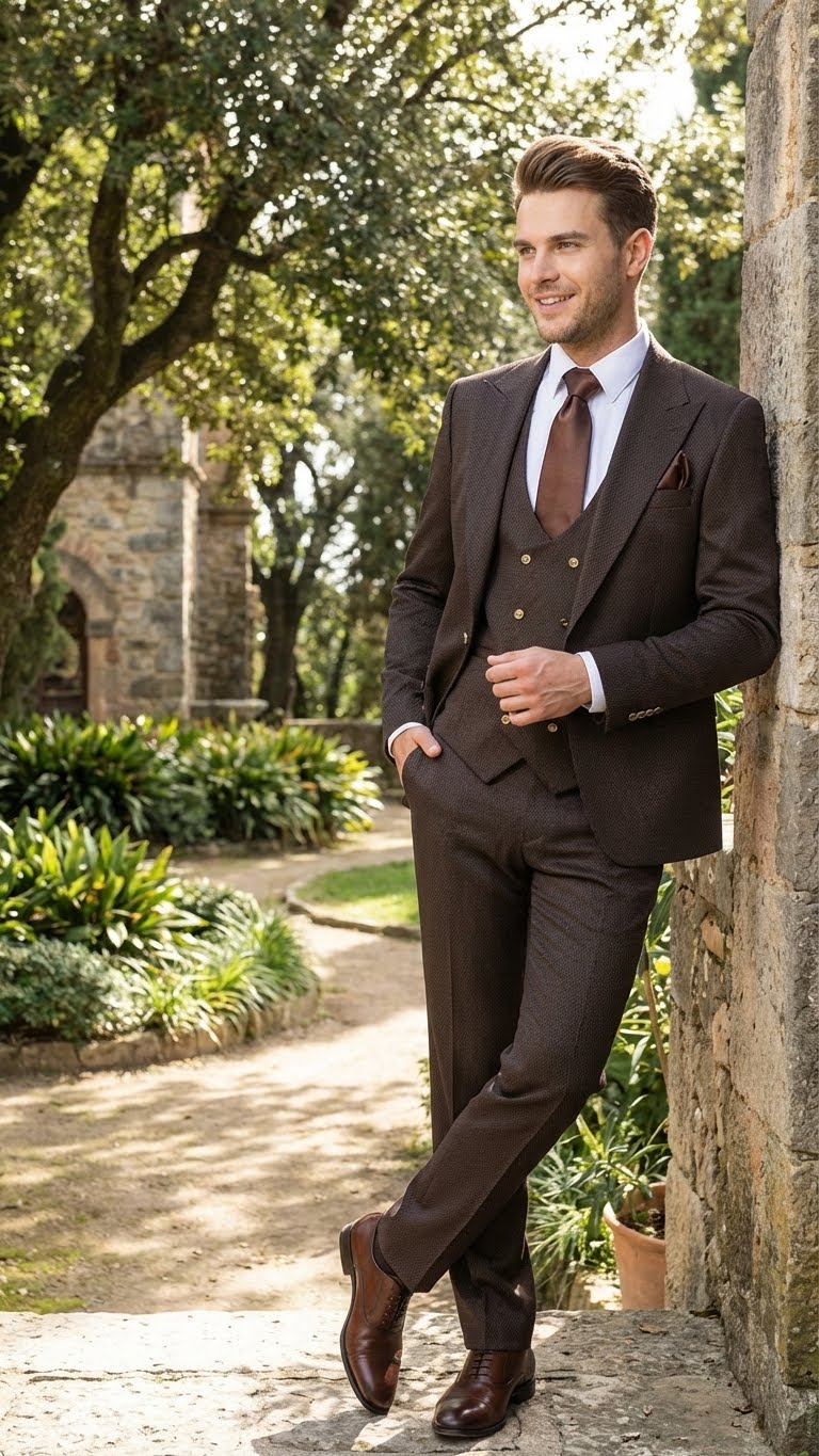 Men’s Chocolate Brown Textured 3-Piece Suit – Luxury Double-Breasted Vest Formal Set