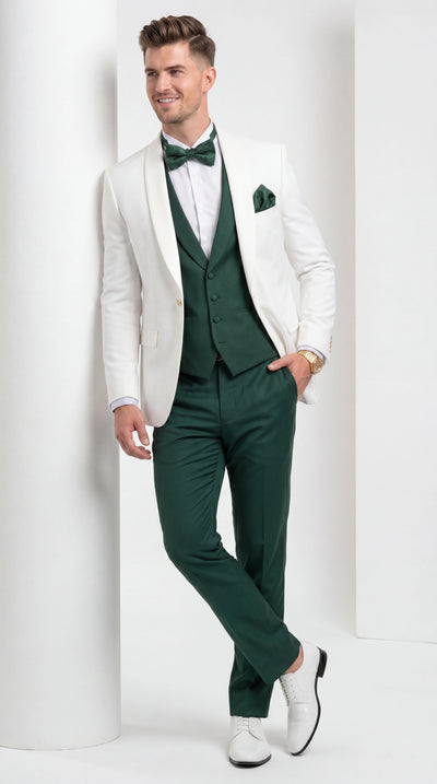 Menβs White and Hunter Green 3 Piece Suit β Elegant Formal Suit with Vest, Wedding Tuxedo Suit for Prom and Party Wear