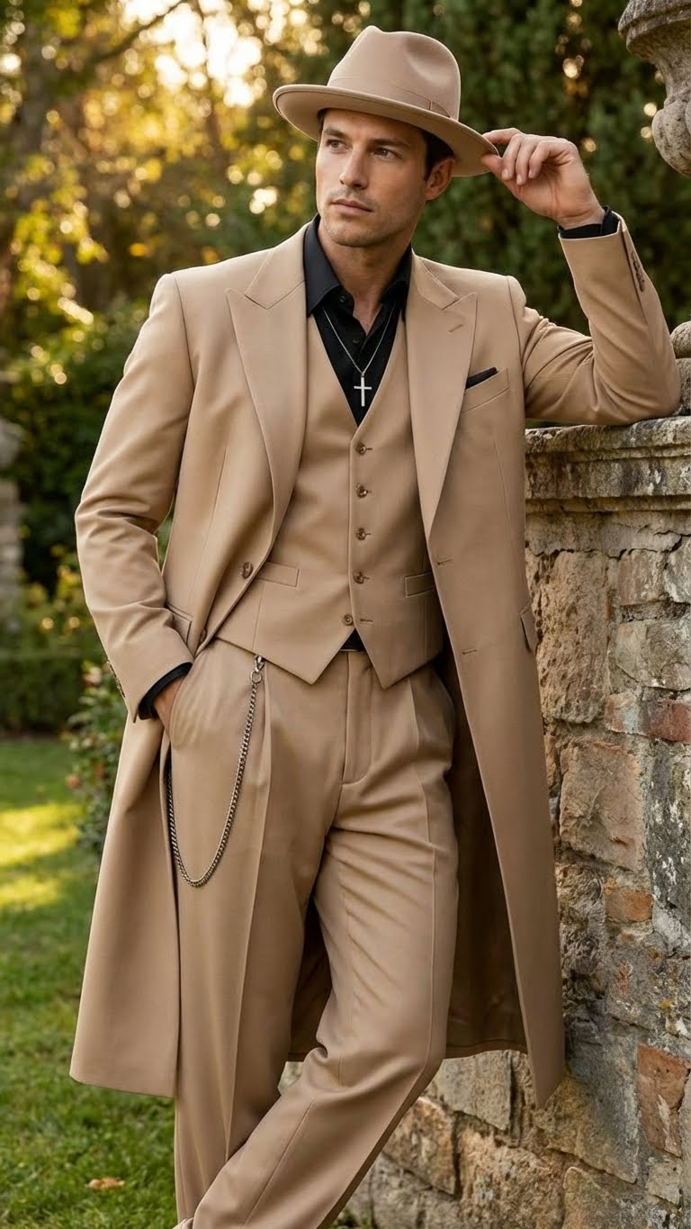 Men’s 1920s Beige Zoot Suit – Long Mafia Gangster Three-Piece Suit in Tan Khaki Color 40 inch Zuit Pachuco Suit