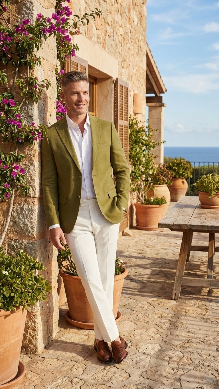 Men’s Olive Green Blazer Sport Coat – Linen Fabric Summer in pistachio sage green