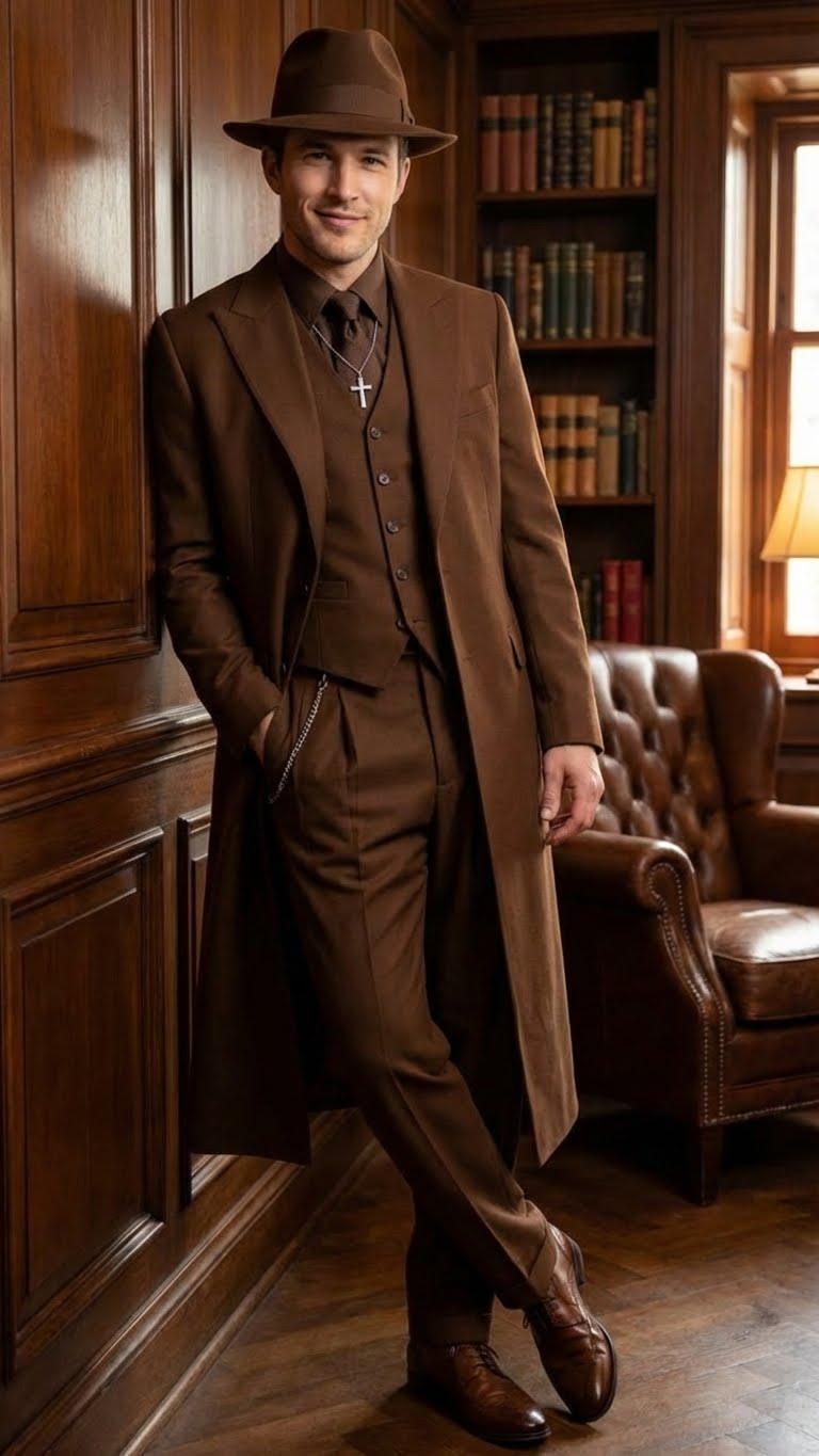 Men’s Brown 1920s Zoot Suit – Long Gangster Mafia Zuit Vintage Three-Piece Costume Set Pachuco Style