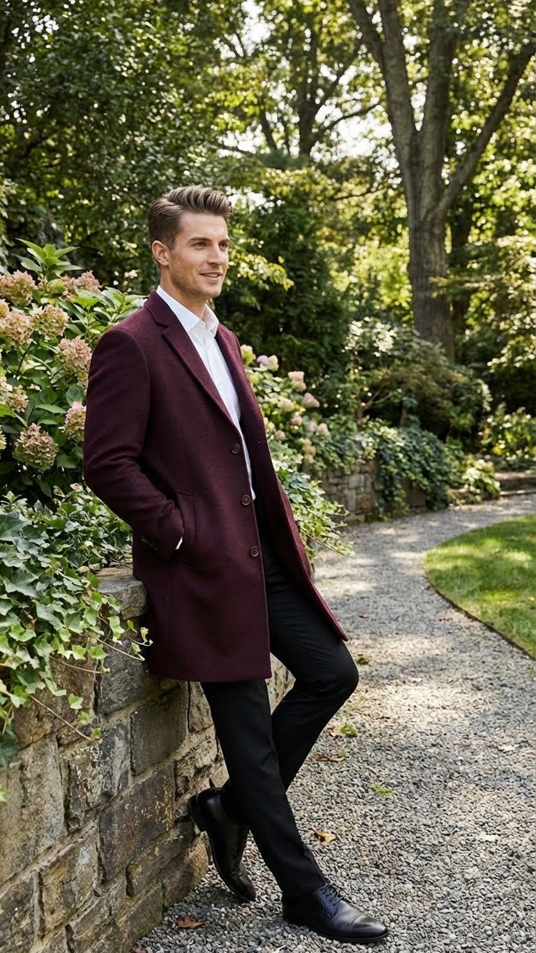 Men’s Burgundy Mid-Length Overcoat – Classic Fit Wool Blend Dress Coat Three Quarter Carcoat Topcoat