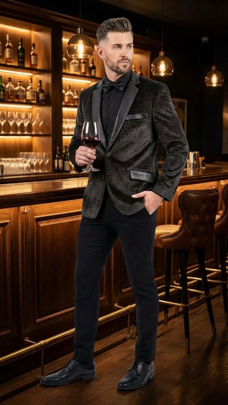 Men’s Crocodile Alligator Exotic skin Texture Blazer – Slim Fit Designer Jacket with Satin Lapels for Formal and Party Wear in Black Color