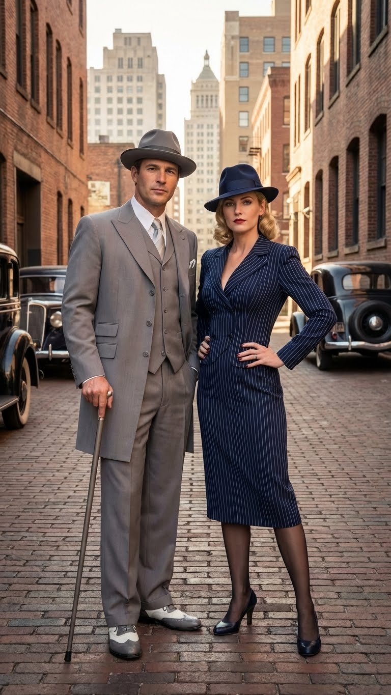 Men’s Gray Zoot Suit with Matching Hat and 1920s Shoes | Grey Vintage Wedding and Party Three Piece Suit