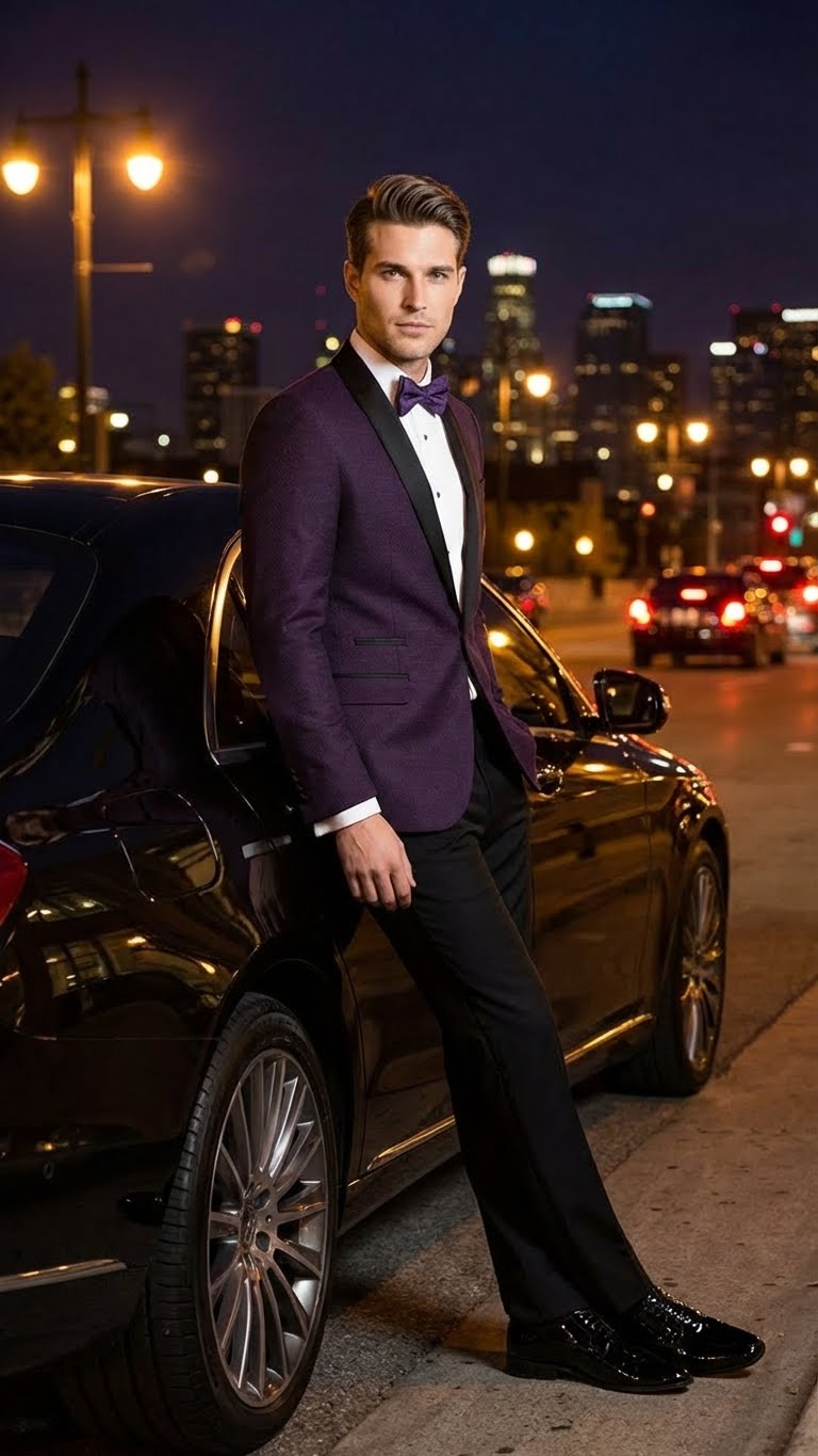 Men’s Eggplant Plum Purple Tuxedo Blazer with Satin Lapel, White Tuxedo Shirt and Matching Purple Bow Tie - Slim Fitted - Prom wedding Suit With Pants