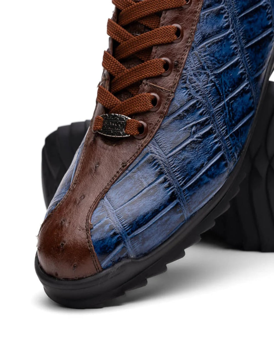 Saulo Blue & Brown Ostrich Alligator Sneakers