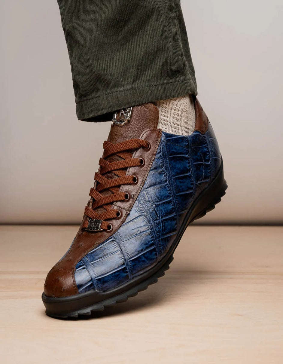 Saulo Blue & Brown Ostrich Alligator Sneakers