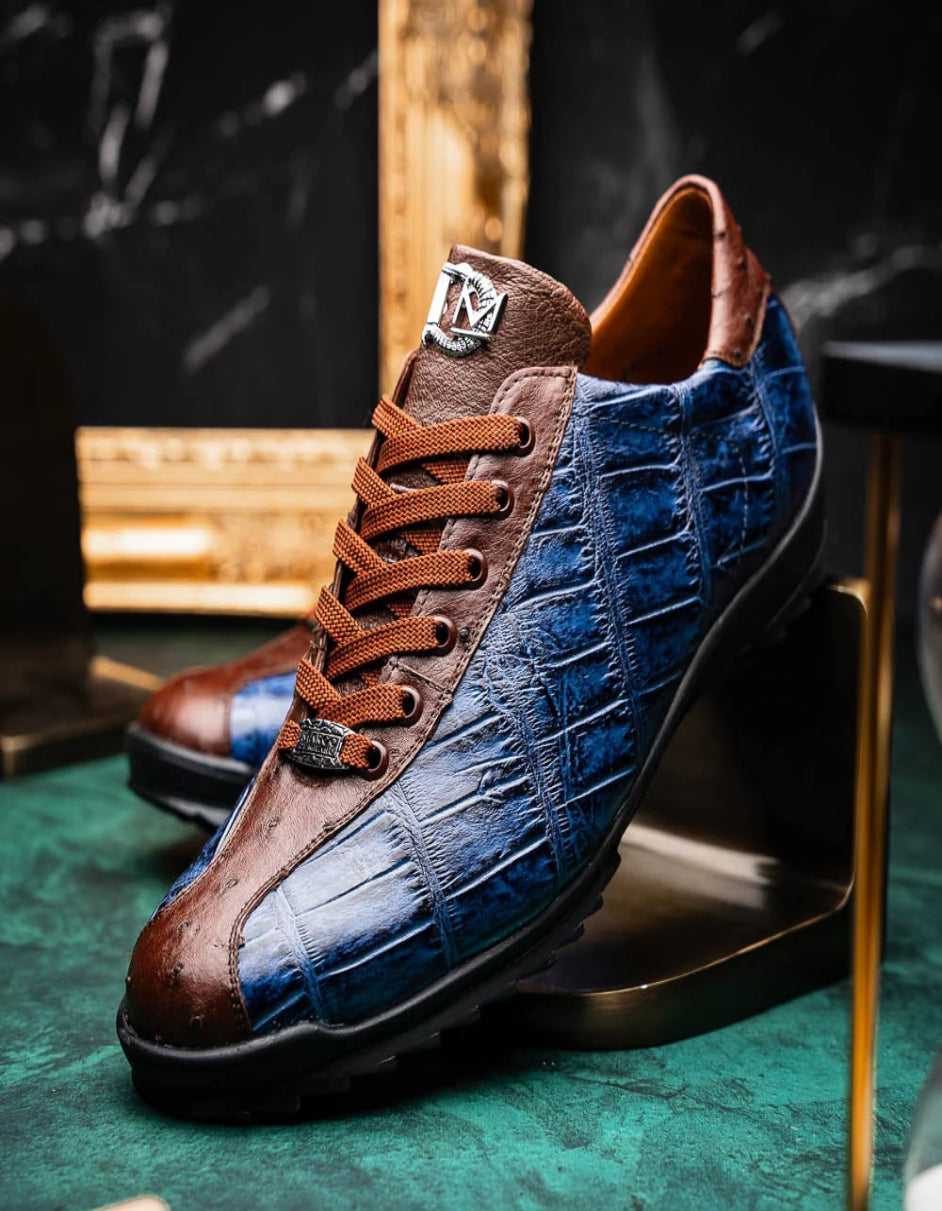 Saulo Blue & Brown Ostrich Alligator Sneakers