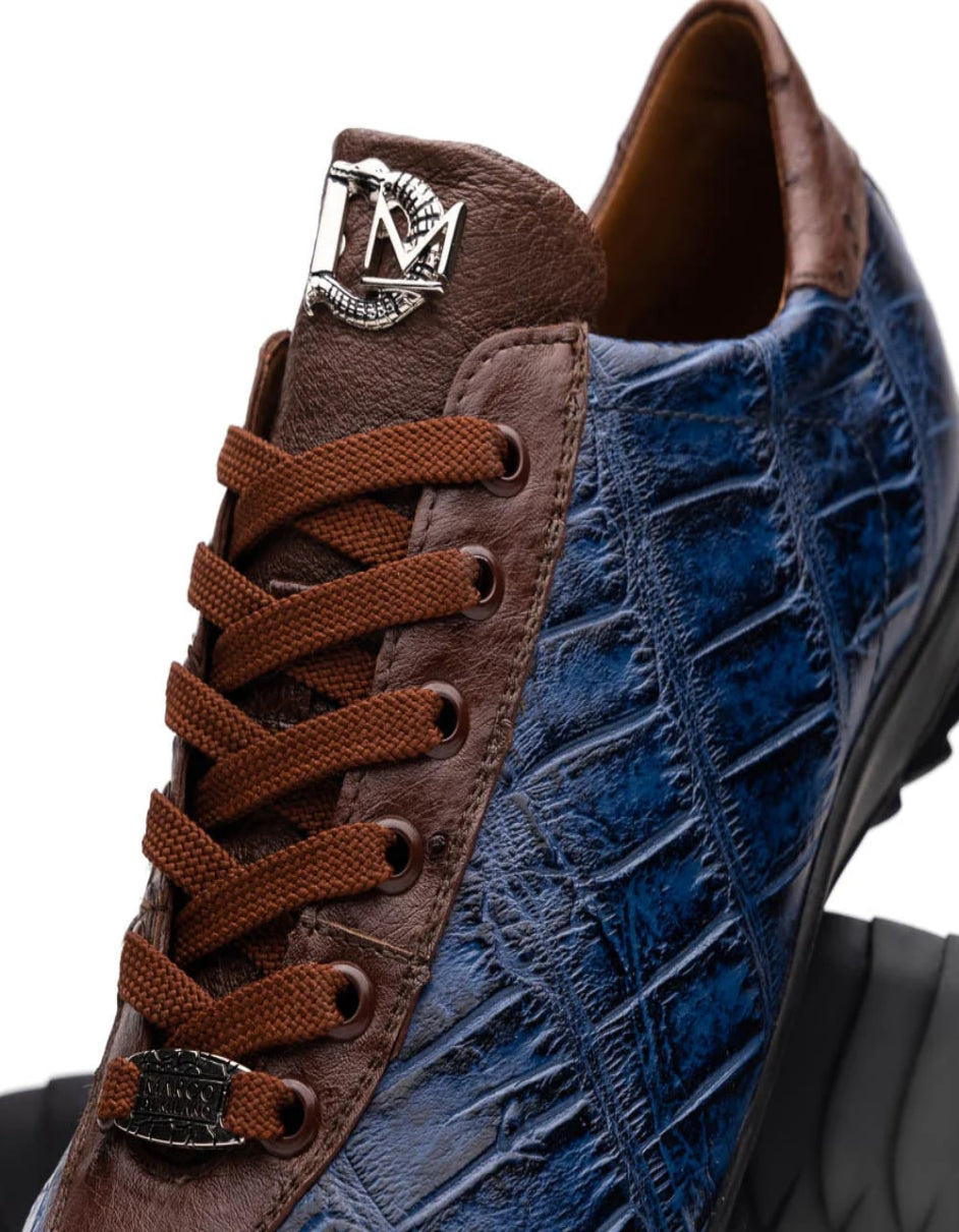 Saulo Blue & Brown Ostrich Alligator Sneakers